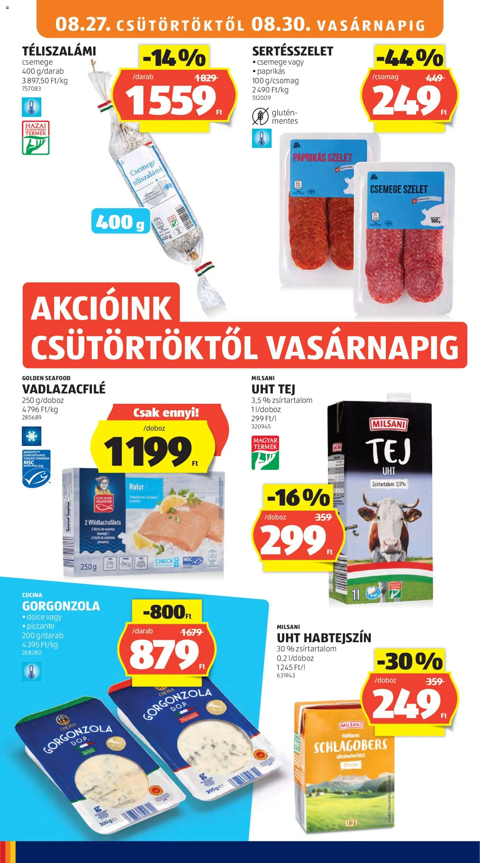 Aldi akciós ujság - amely érvényes a következő dátumtól: 2026.08.27. | Oldal: 16 | Termékek: Szelet, Golden Seafood, Csemege, Téliszalámi