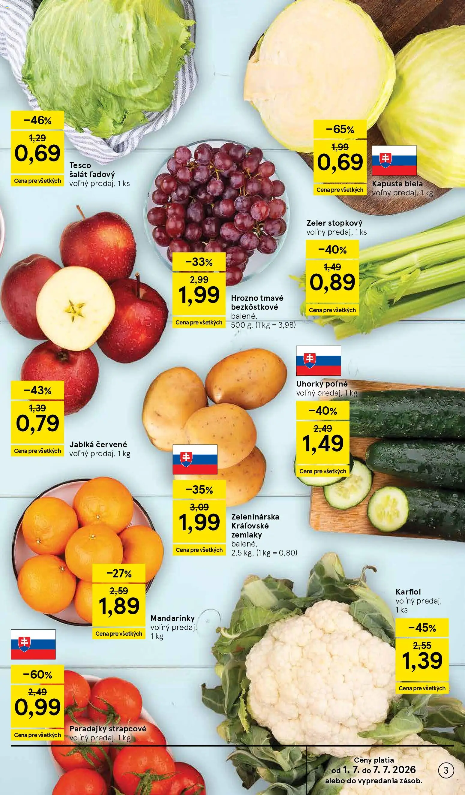 Nové Tesco akcie – leták je platný od 01.07.2026 | Strana: 3 | Produkty: PC, Šalát, Uhorky, Hrozno