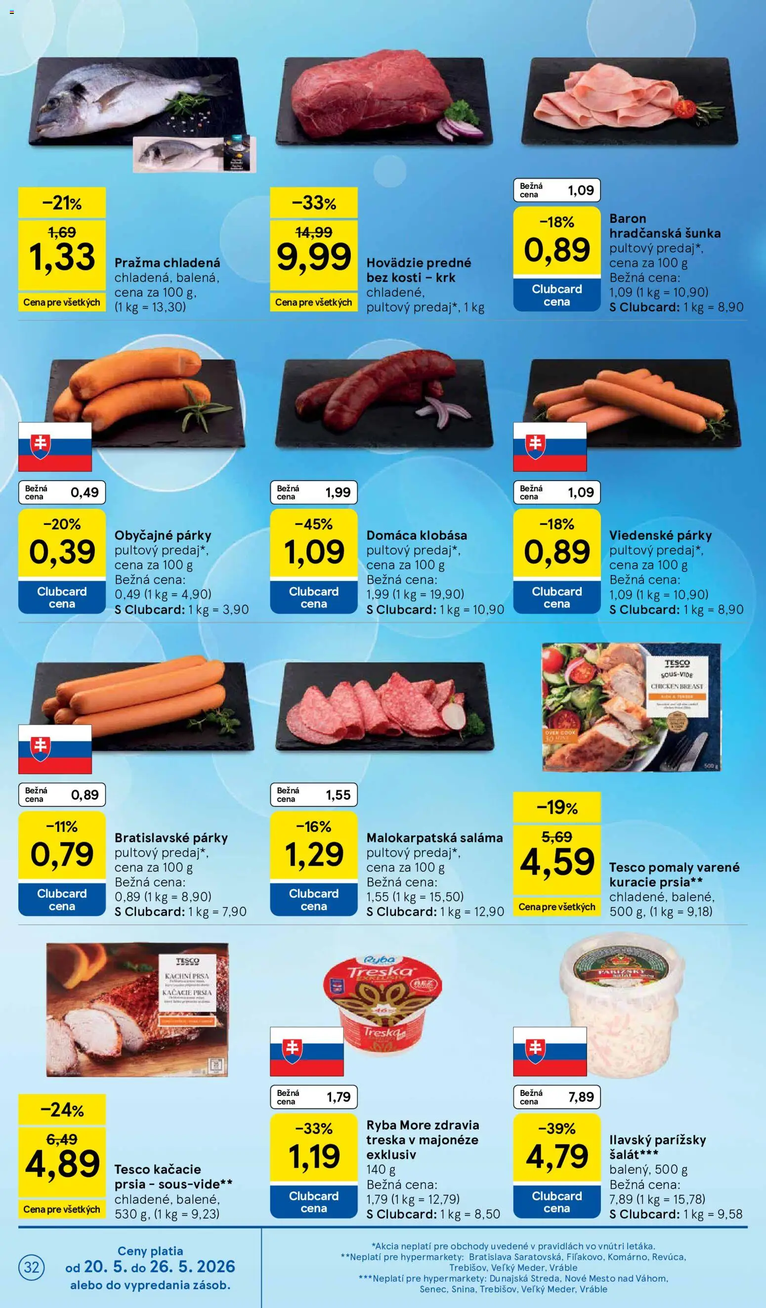 Nové Tesco akcie – leták je platný od 20.05.2026 | Strana: 32 | Produkty: Šunka, Ryba, Šalát, Treska