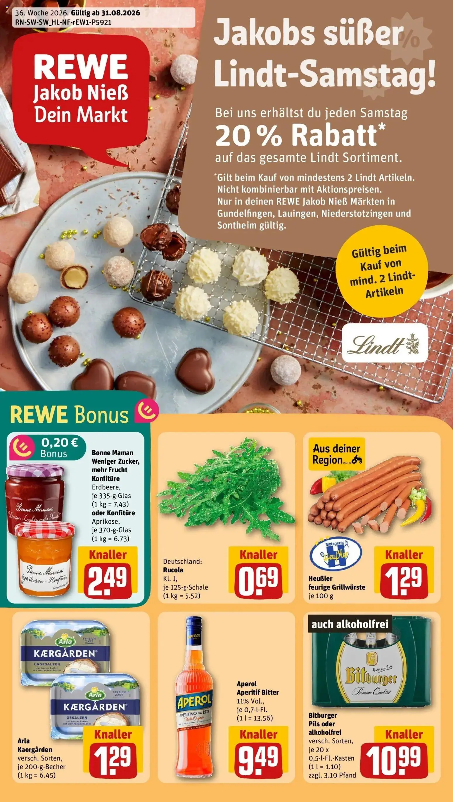 REWE Prospekt ab 31.08.2026 zum Blättern » Angebote | Seite: 1 | Produkte: Pils, Zucker, Aperol, Lindt
