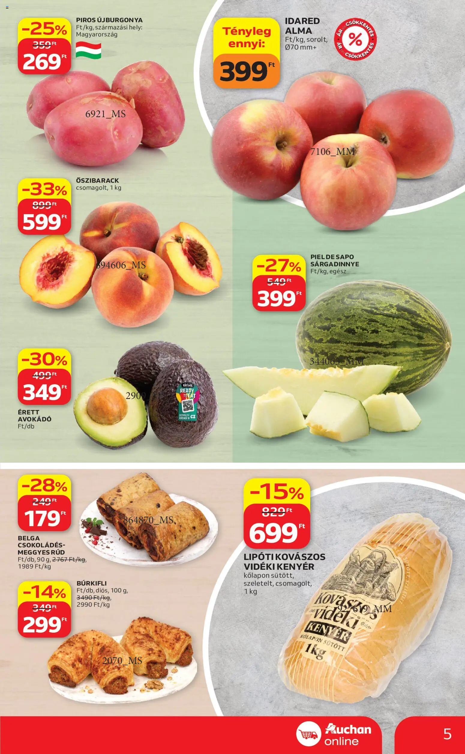 Auchan akciós ujság - amely érvényes a következő dátumtól: 2026.08.13. | Oldal: 5 | Termékek: Őszibarack, Kenyér, Alma, Sárgadinnye
