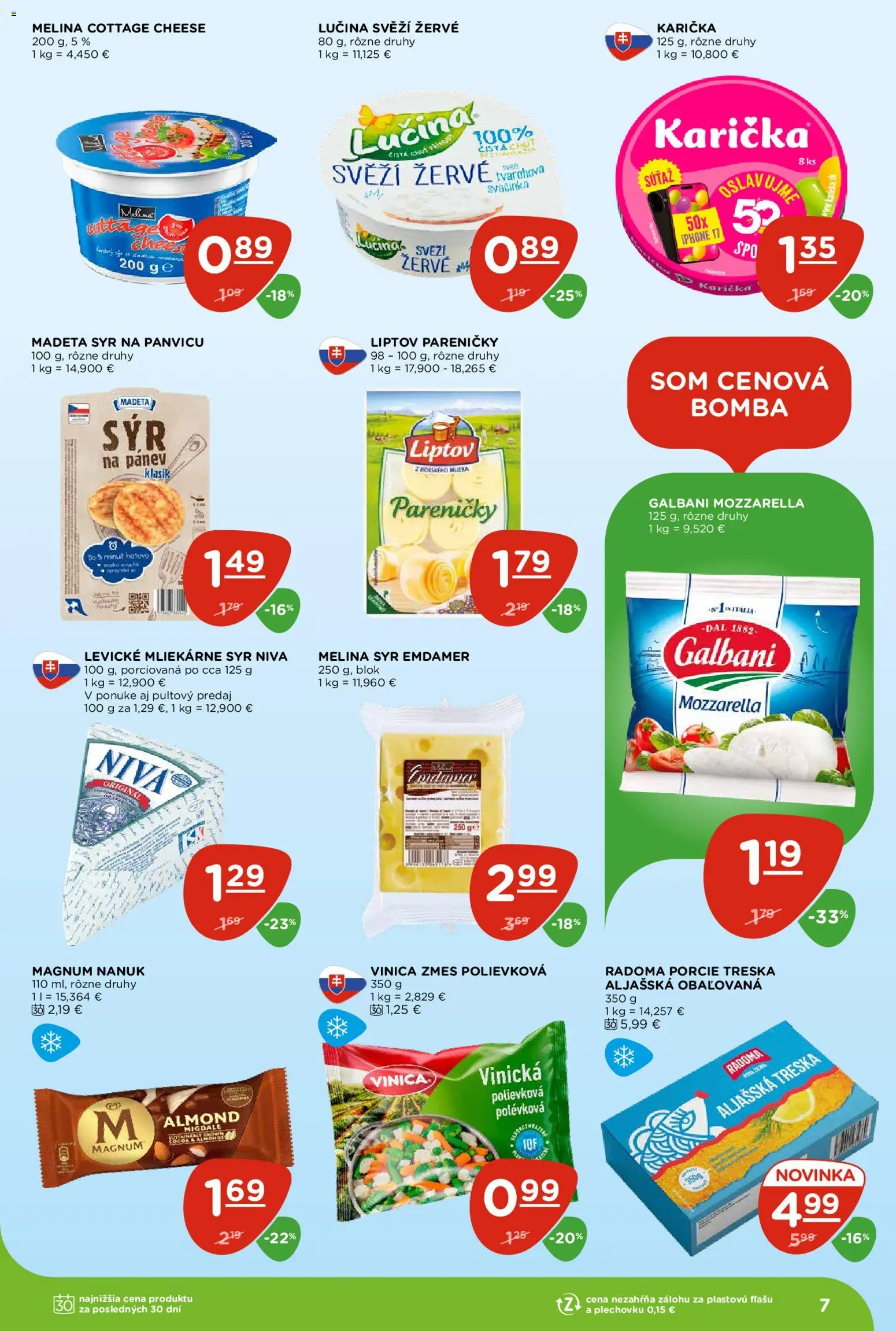 Nové Terno akcie – leták je platný od 02.07.2026 | Strana: 7 | Produkty: Syr, Mozzarella, Magnum, Treska