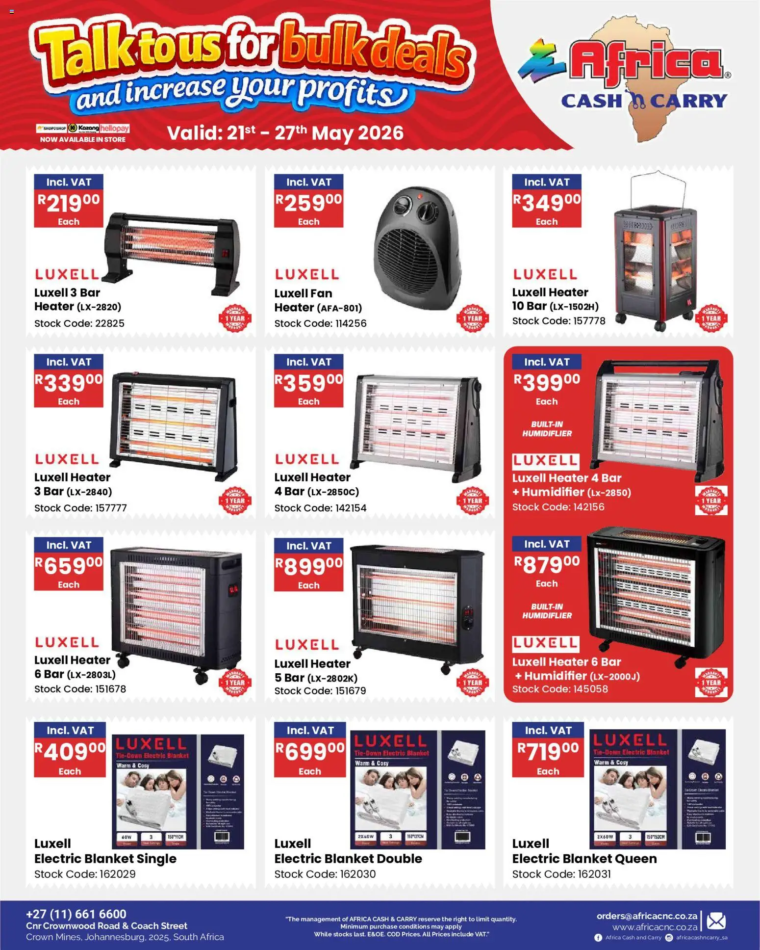 New Africa Cash & Carry catalogue – valid from 21.05.2026 | Page: 32 | Products: Fan, Blanket, Heater, Stock