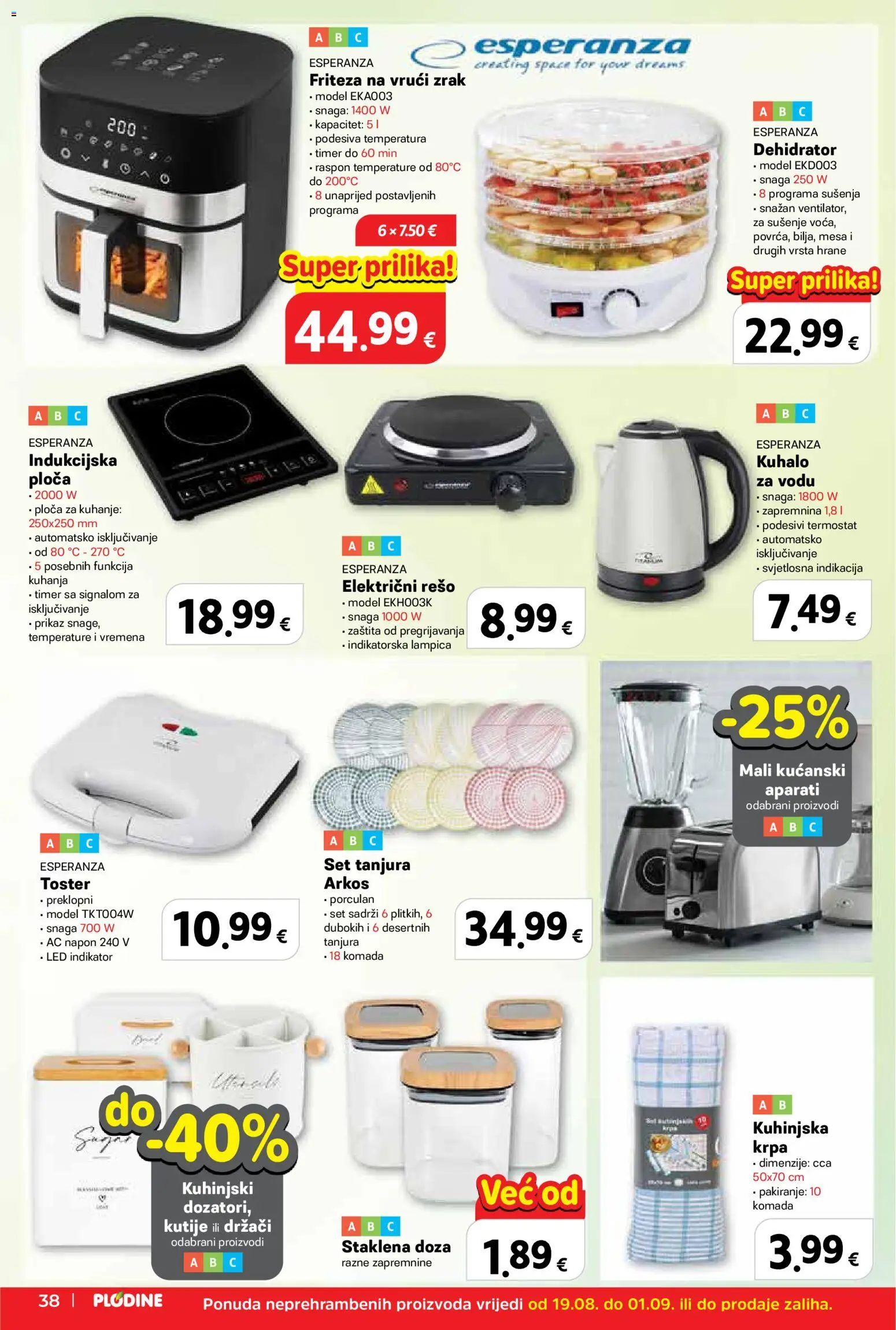 Plodine katalog | vrijedi od 19.08.2026 | Stranica: 38 | Proizvodi: Set tanjura, Friteza, Indukcijska ploča, Led