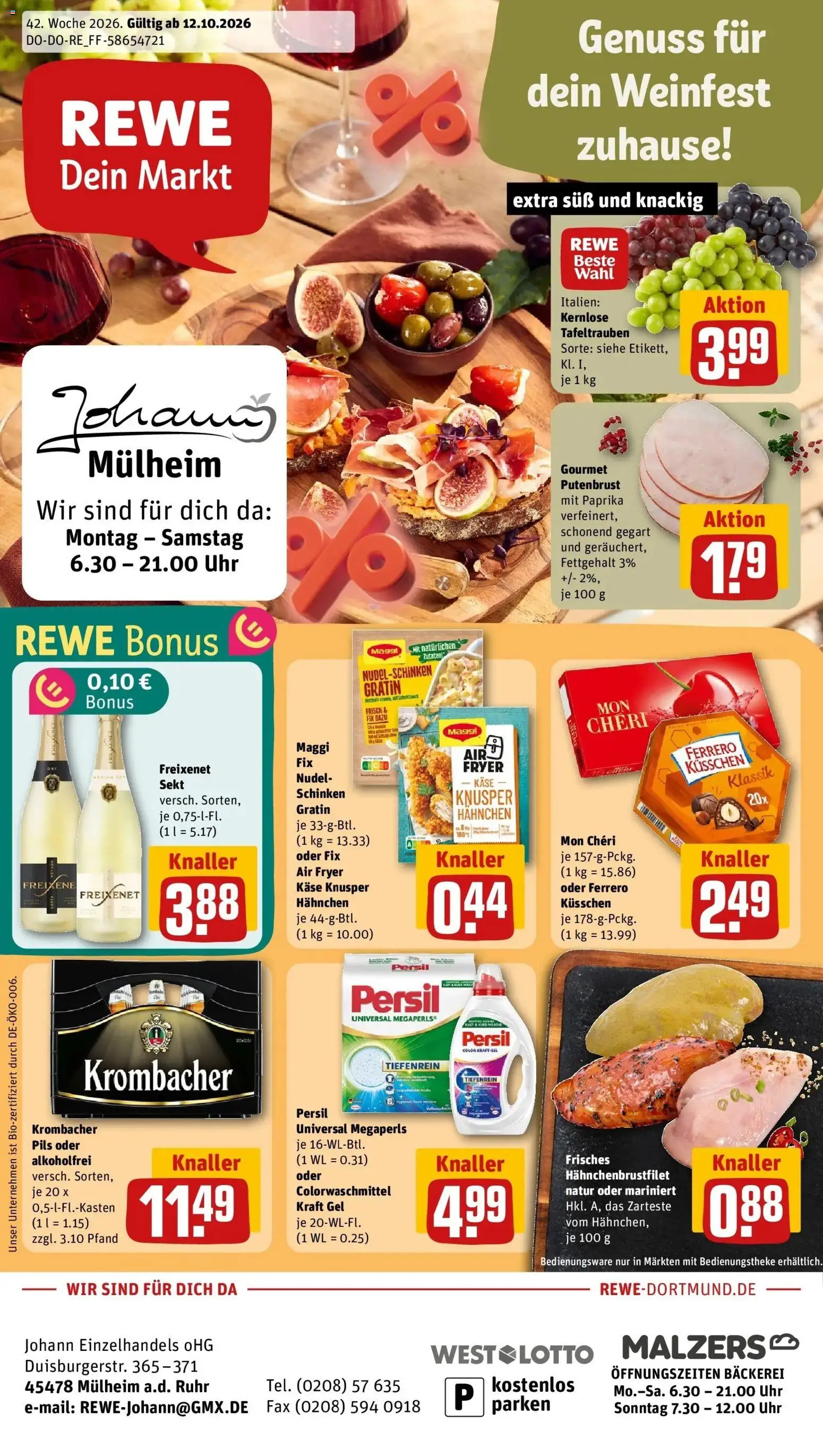REWE Prospekt ab 12.10.2026 zum Blättern » Angebote | Seite: 1 | Produkte: Maggi, Krombacher, Schinken, Uhr