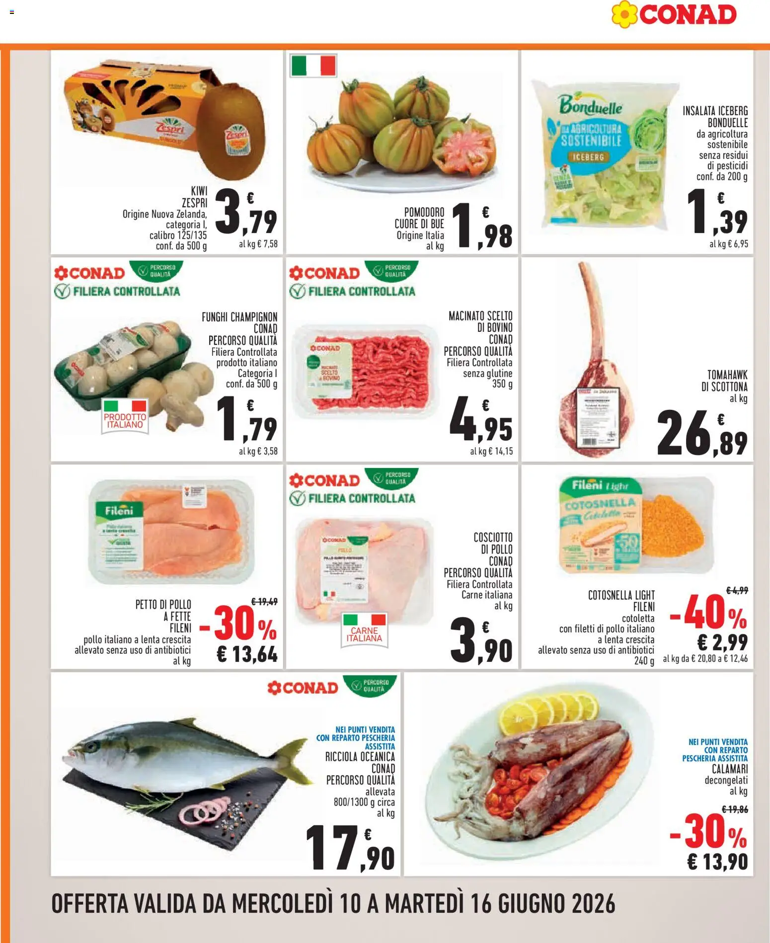 Volantino Conad del 10.06.2026 | Pagina: 2 | Prodotti: Petto di Pollo, Kiwi, Insalata, Pomodoro
