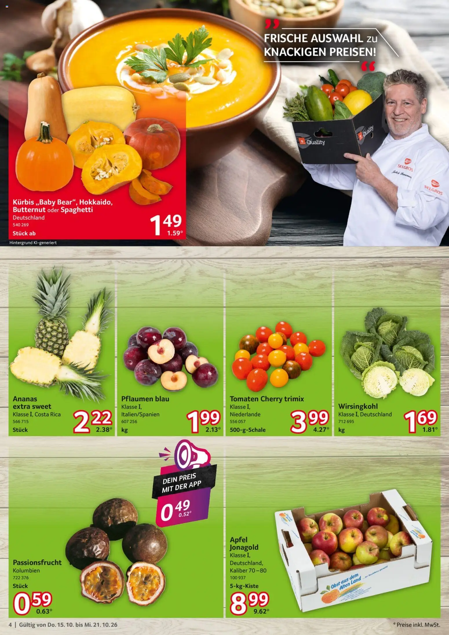 Selgros Prospekt – gültig ab 15.10.2026 | Seite: 4 | Produkte: Pflaumen, Ananas, Tomaten, Kürbis