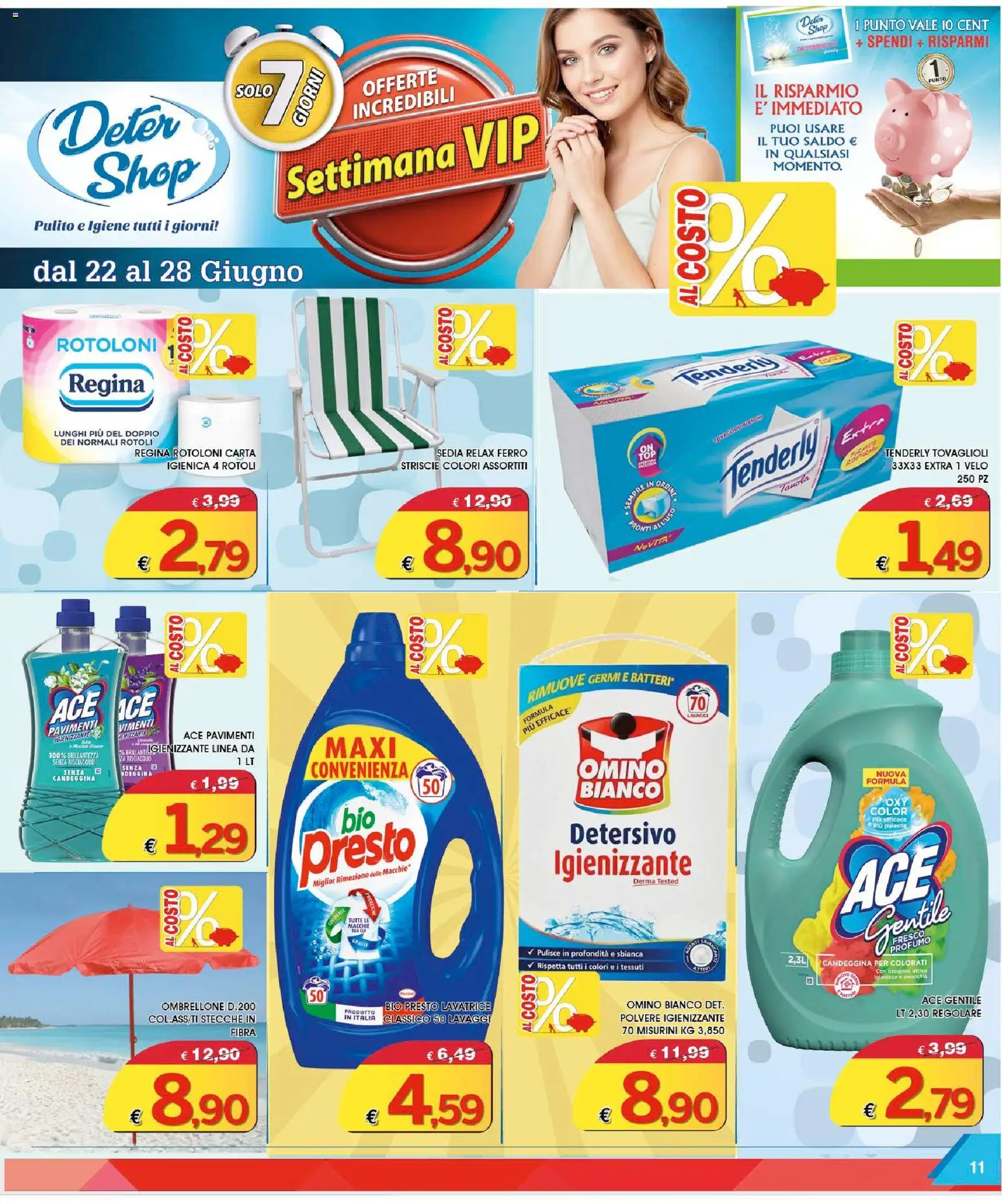 Volantino Deter Shop del 01.06.2026 | Pagina: 11 | Prodotti: Candeggina, Ombrellone, Lavatrice, Sedia
