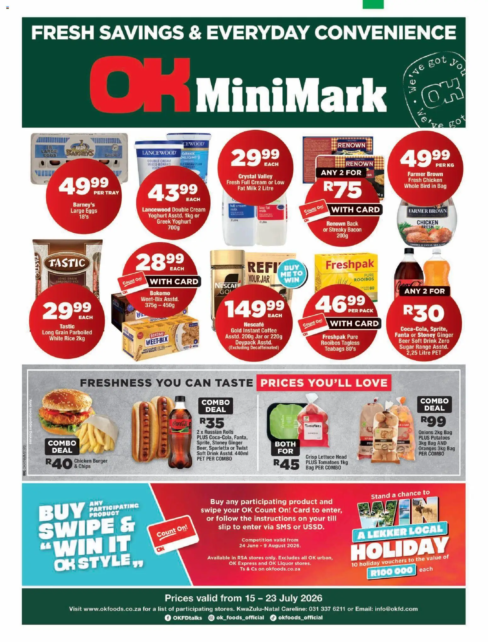 New OK Foods catalogue – valid from 15/07/2026 | Page: 1 | Products: Tray, Coffee, Chicken, Sugar