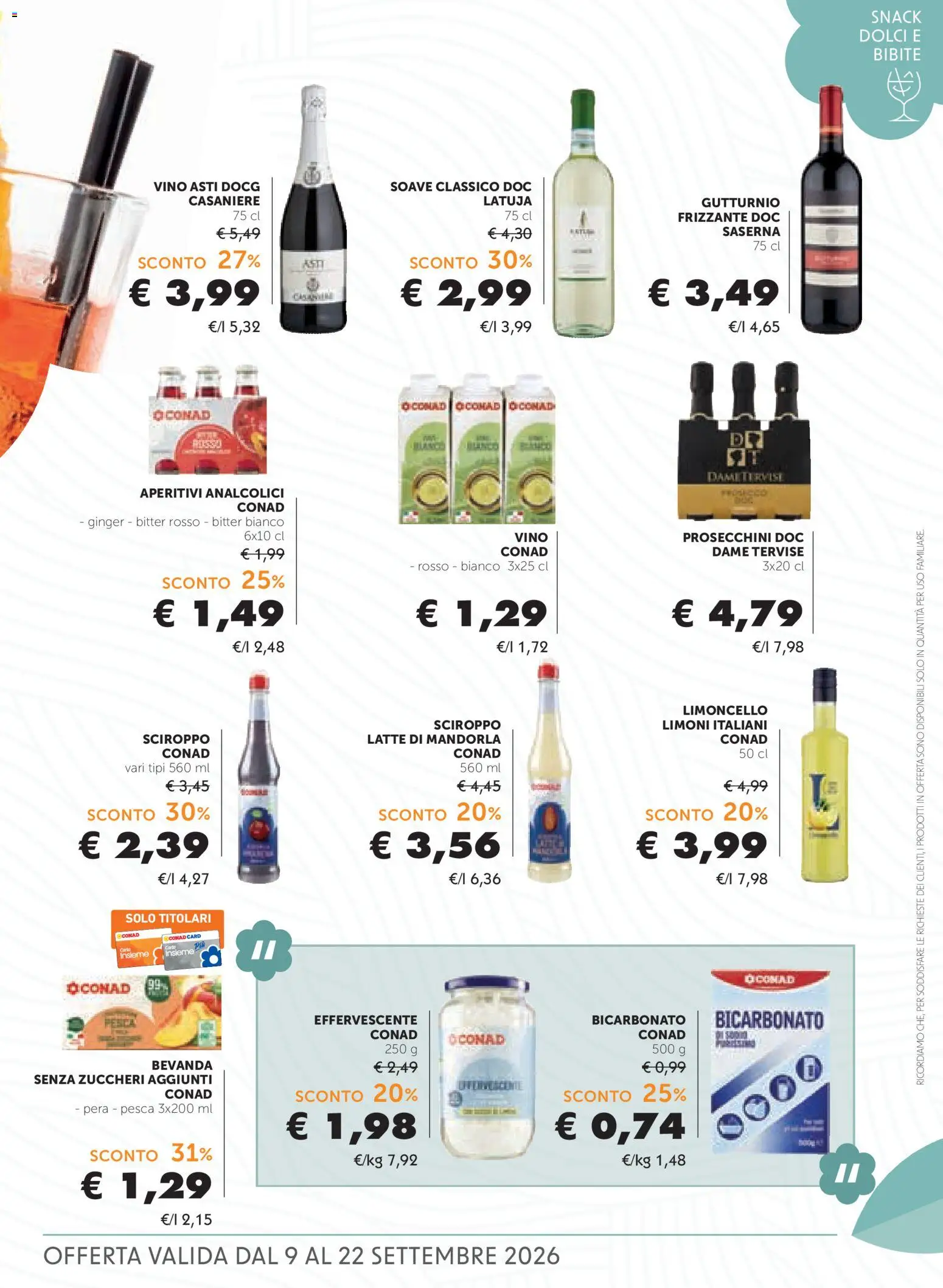 Volantino Conad del 09/09/2026 | Pagina: 11 | Prodotti: Bicarbonato, Latte, Pesca, Dolci