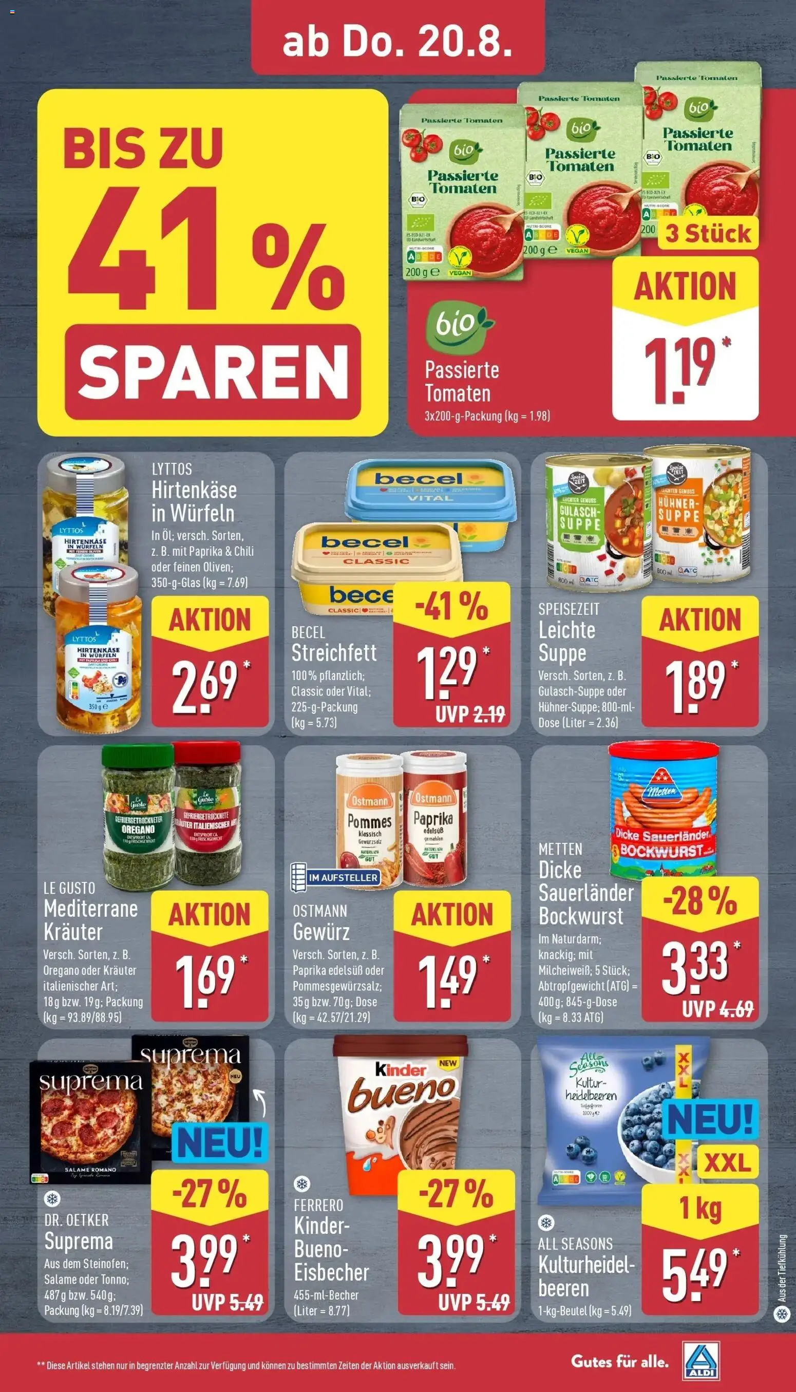 Aldi Wochenangebote (ab 17.08.2026) » Angebote Online | Seite: 29 | Produkte: Bockwurst, Feta, Heidelbeeren, Pizza