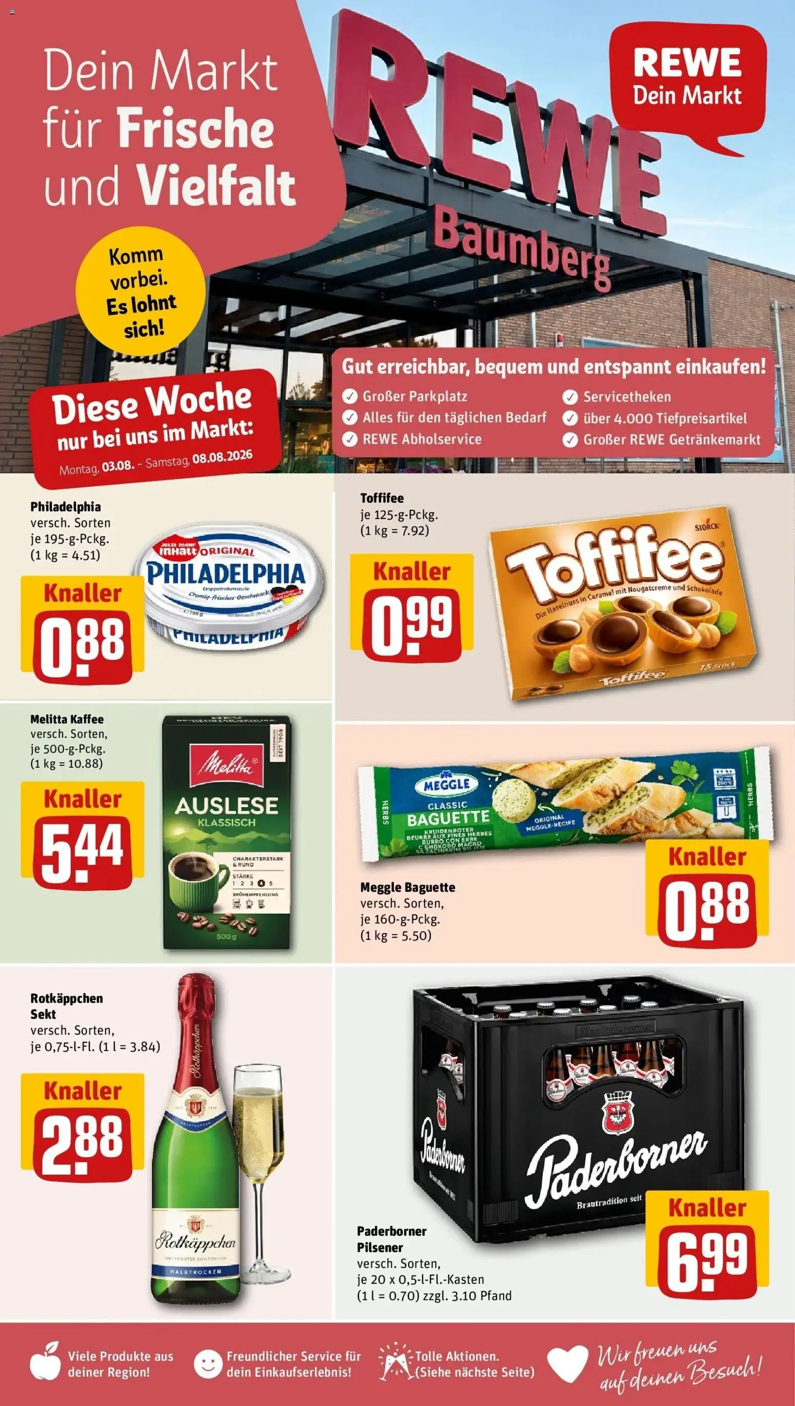 REWE Prospekt ab 03.08.2026 zum Blättern » Angebote | Seite: 1 | Produkte: Rotkappchen sekt, Sekt, Philadelphia, Baguette