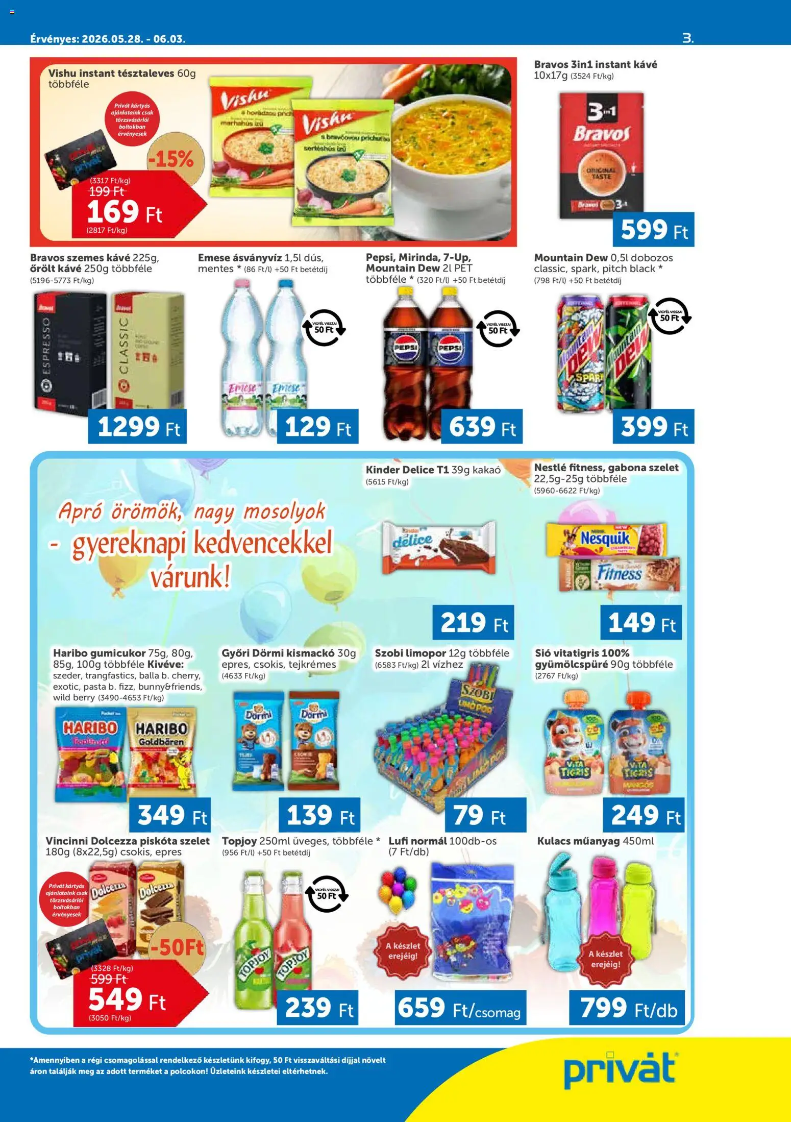 PRIVÁT akciós ujság - amely érvényes a következő dátumtól: 28.05.2026 | Oldal: 3 | Termékek: Piskóta, Nesquik, Kávé, Őrölt kávé