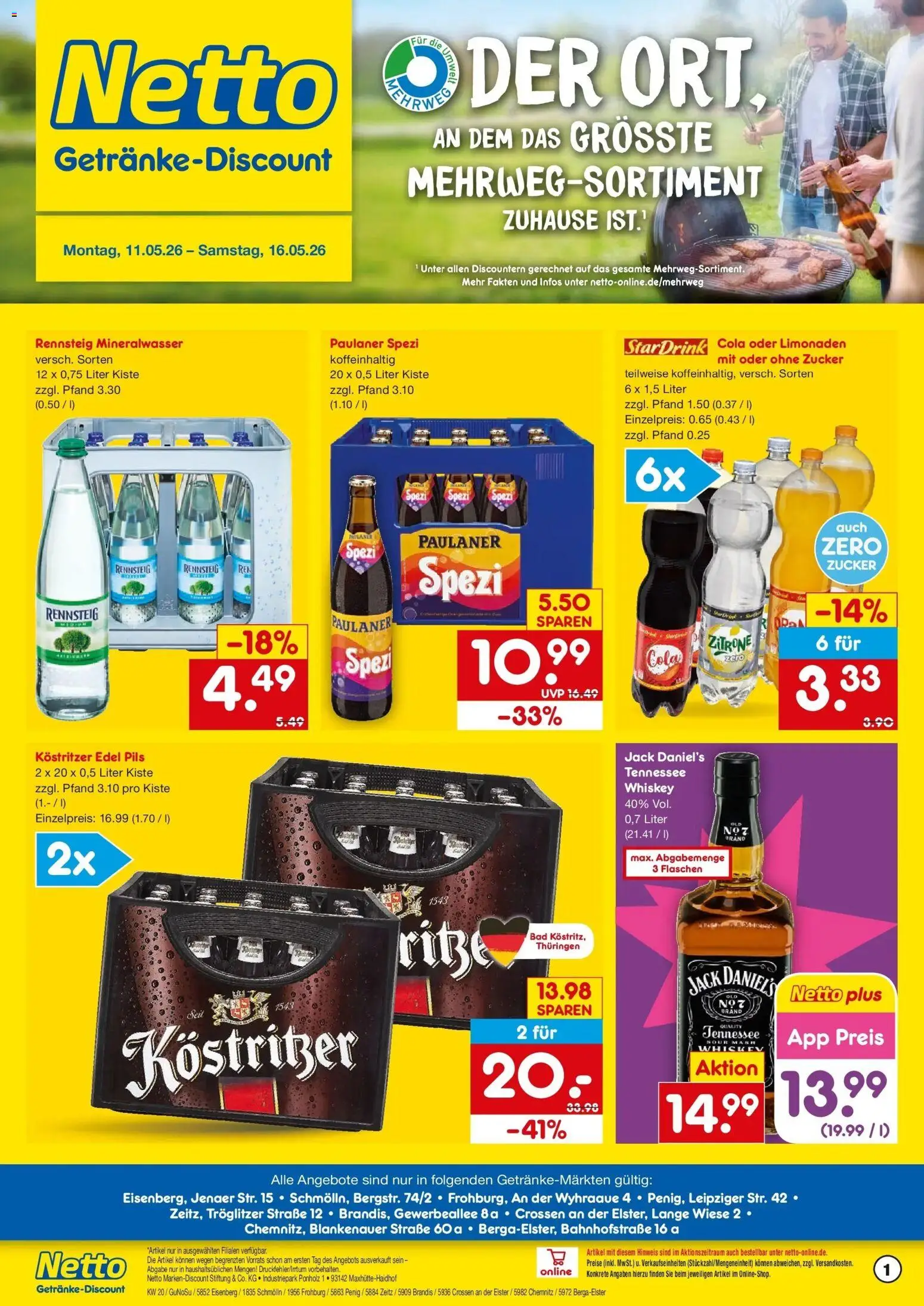 Netto Marken-Discount Prospekt Penig	 – gültig ab 10.05.2026 | Seite: 1 | Produkte: Paulaner spezi, Bad, Jack Daniel's, Mineralwasser