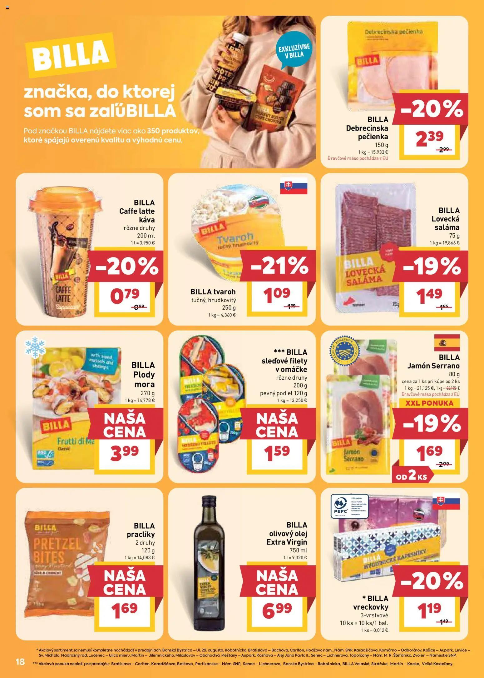 Nové Billa akcie – leták je platný od 22.07.2026 | Strana: 18 | Produkty: Olej, Saláma, Jamón Serrano, Vreckovky