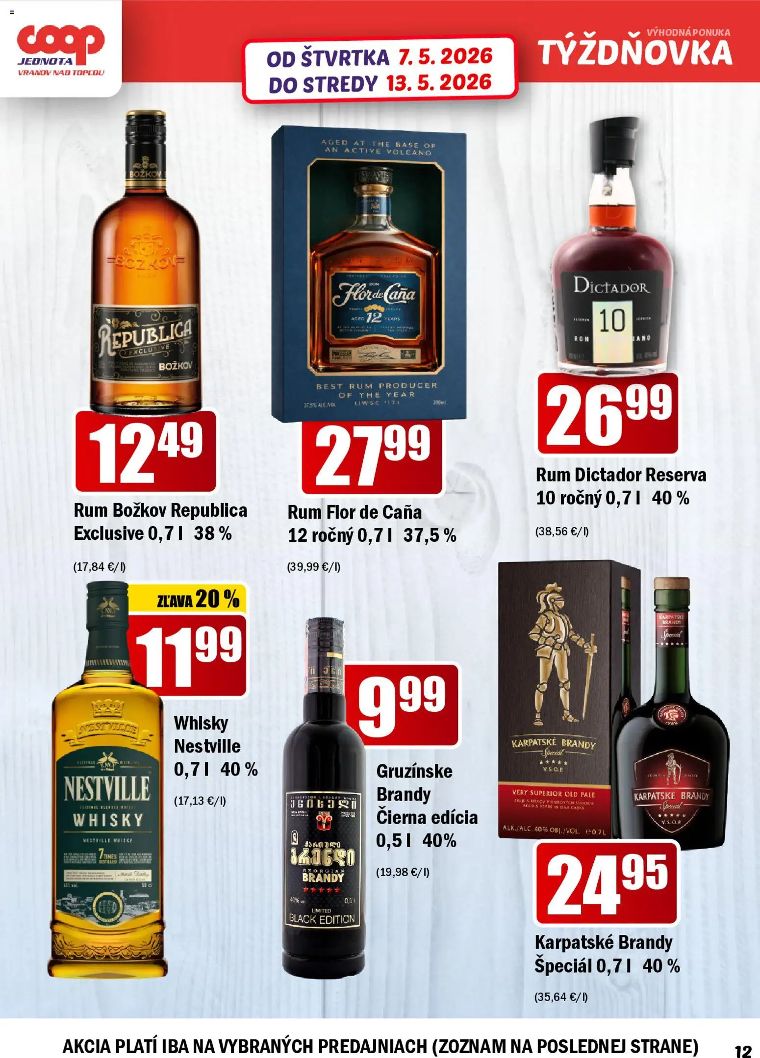 Nové COOP Jednota akcie – leták je platný od 07.05.2026 | Strana: 12 | Produkty: Božkov, Republica, Whisky, Rum