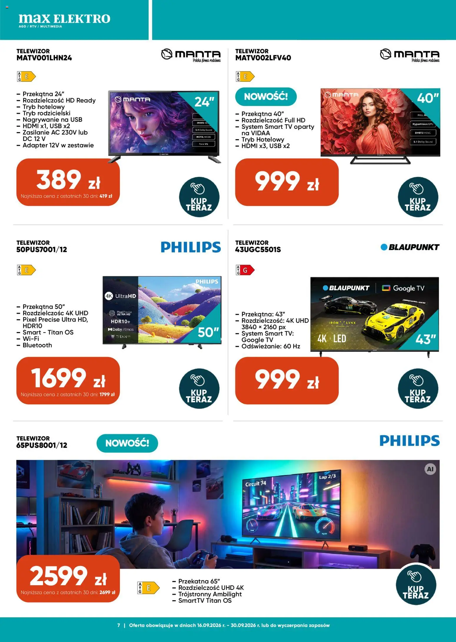 Max elektro gazetka od 16.09.2026 | Strona: 7 | Produkty: Telewizor, Adapter, USB