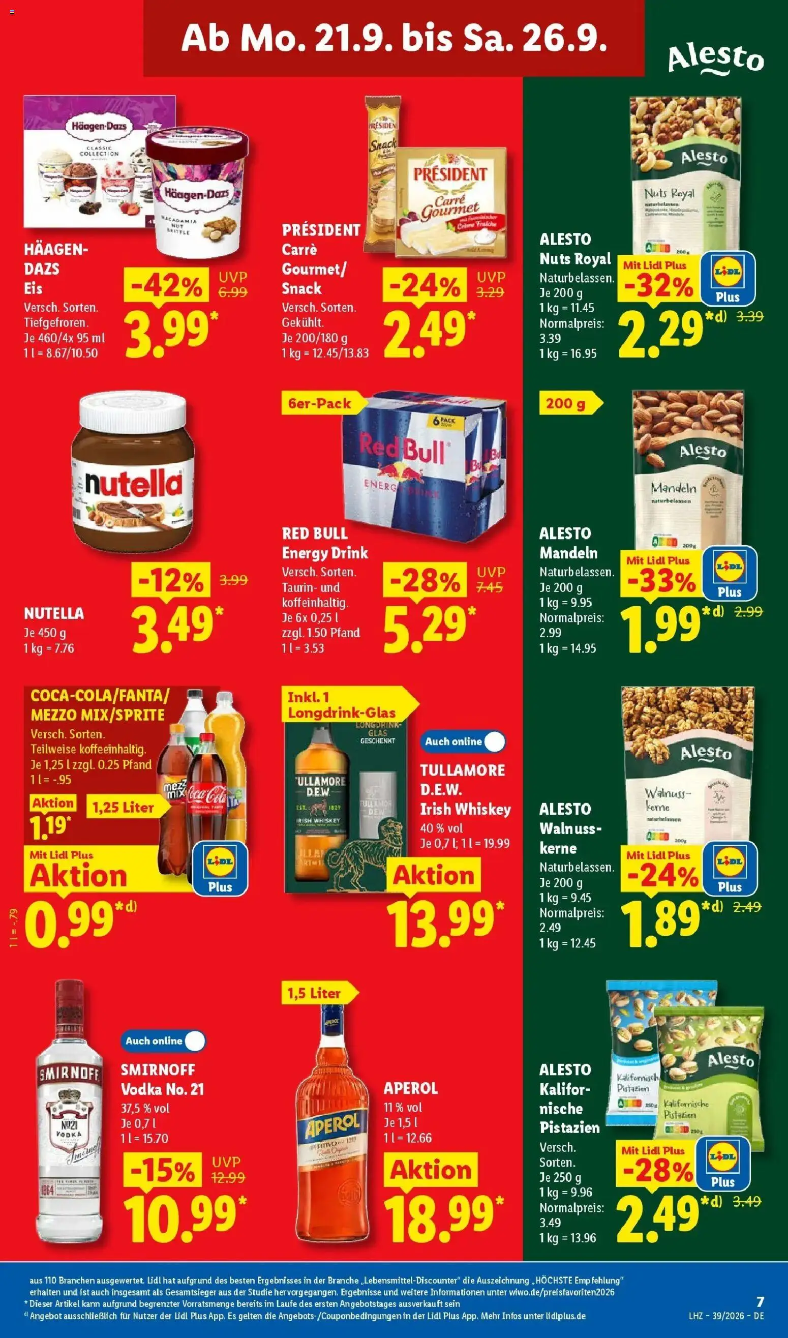 Lidl Prospekt Hof-innenstadt (ab 21.09.2026) zum Blättern » Angebote | Seite: 13 | Produkte: Mandeln, Nutella, Smirnoff, Eis