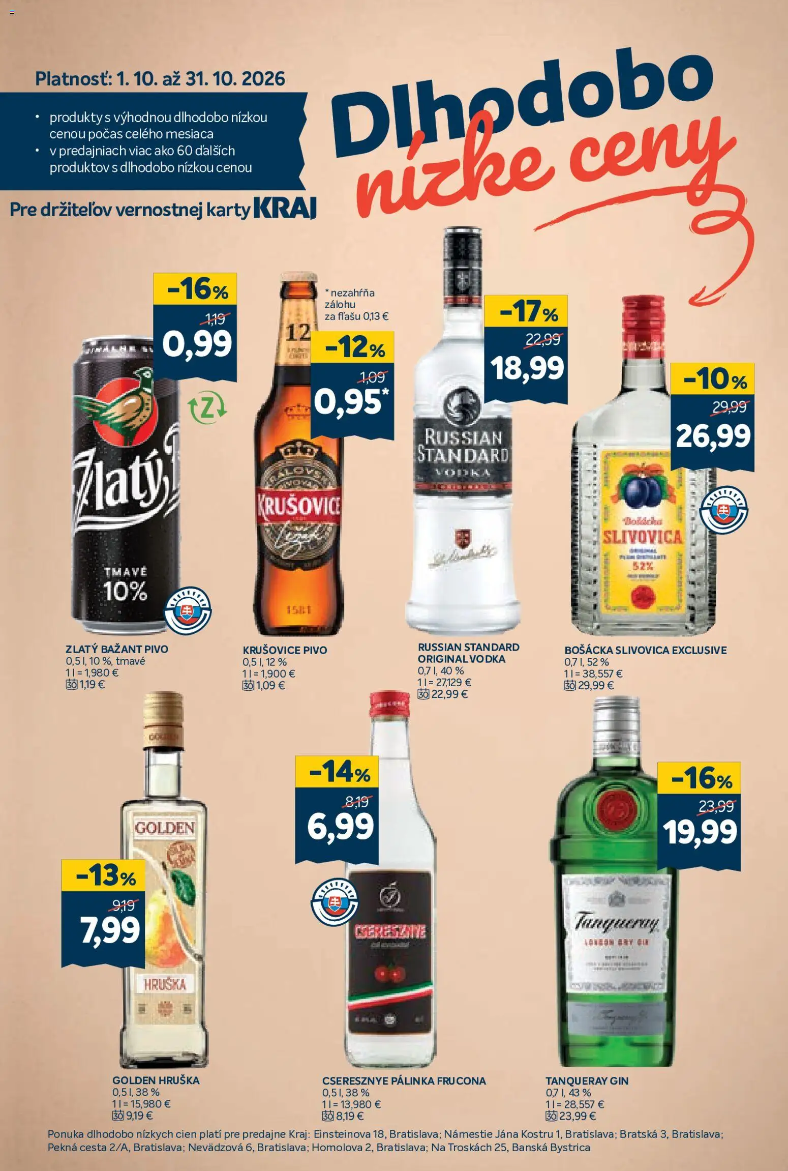 Nové Kraj akcie – leták je platný od 01.10.2026 | Strana: 15 | Produkty: Bošácka slivovica, Krušovice, Zlatý Bažant, Vodka