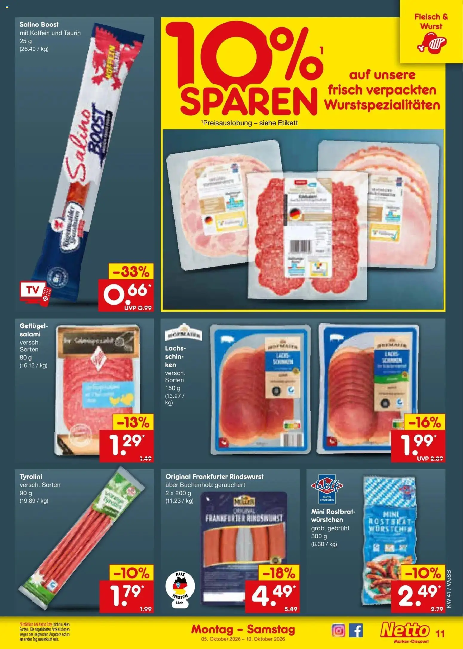 Netto Marken-Discount Prospekt Ludwigshafen-Edigheim (ab 05.10.2026) » Angebote | Seite: 11 | Produkte: Lachs, Wurst, Salami, Fleisch