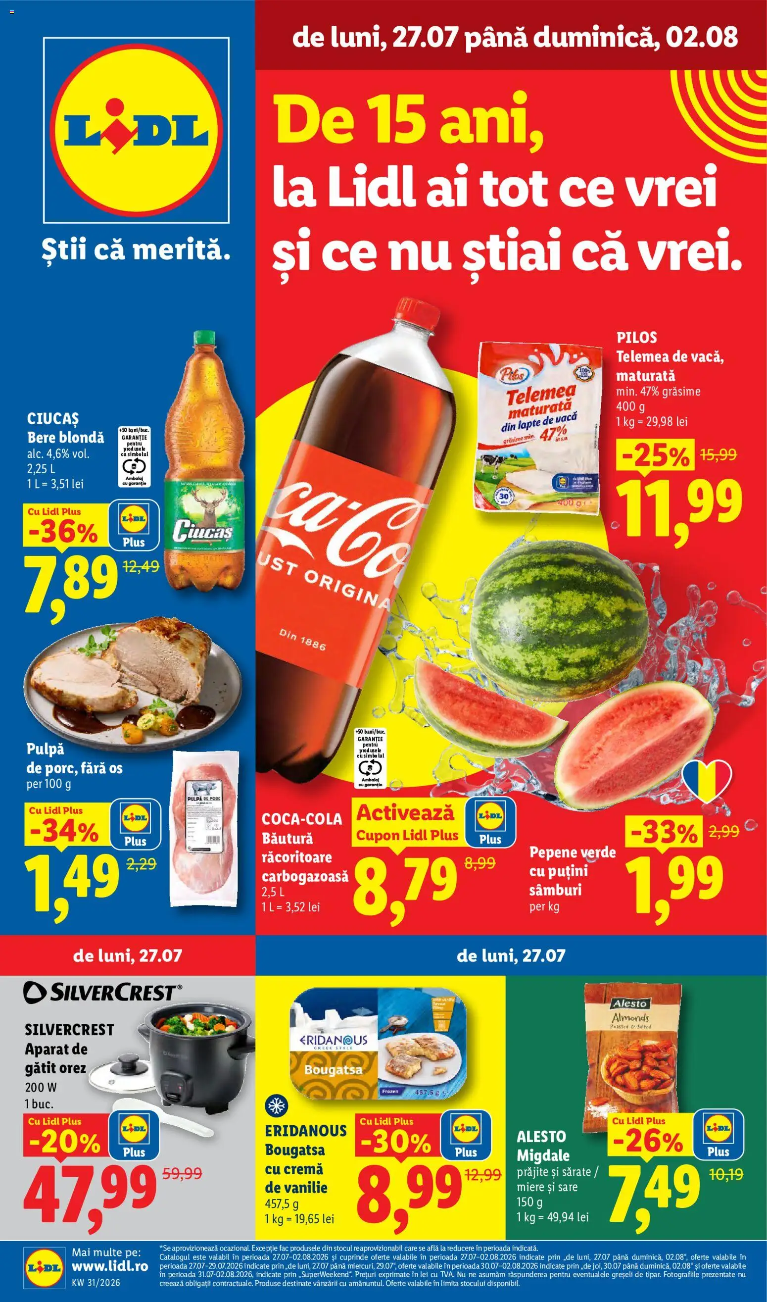 Noul catalog Lidl – valabil de la 27.07.2026 | Pagină: 1 | Produse: Pepene Verde, Miere, Bautura racoritoare, Bere