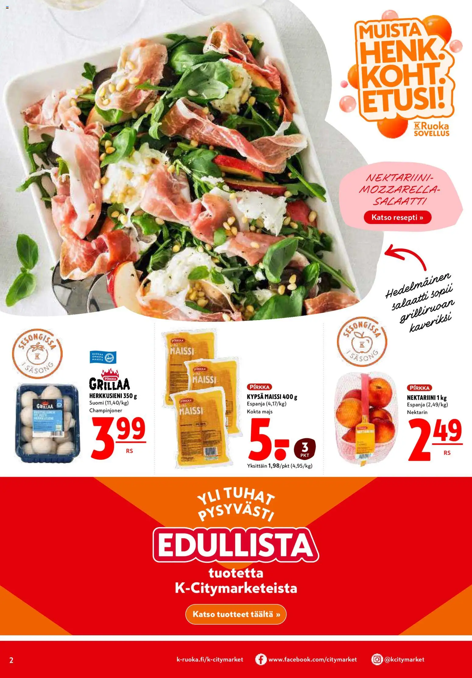 K-Citymarket tarjoukset – voimassa 29/06/2026 alkaen | Sivu: 2 | Tuotteet: Mozzarella, Maissi, Nektariini, Salaatti