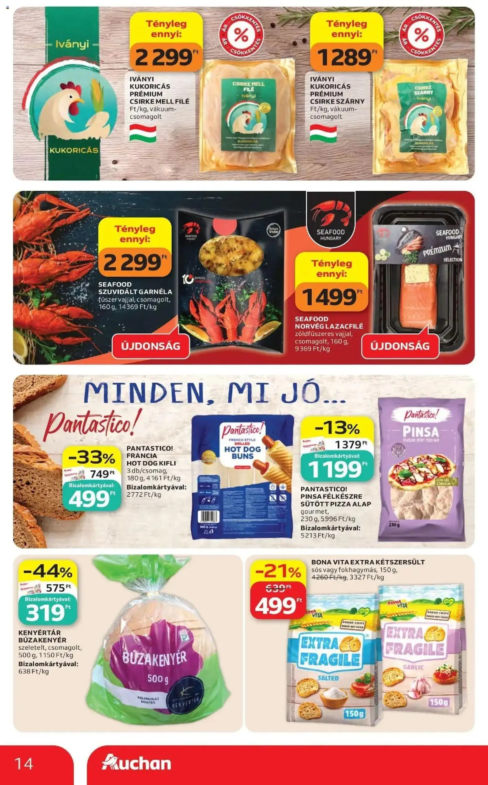 Auchan akciós ujság - amely érvényes a következő dátumtól: 14.05.2026 | Oldal: 14 | Termékek: Chips, Kifli, Lazacfilé, Pizza