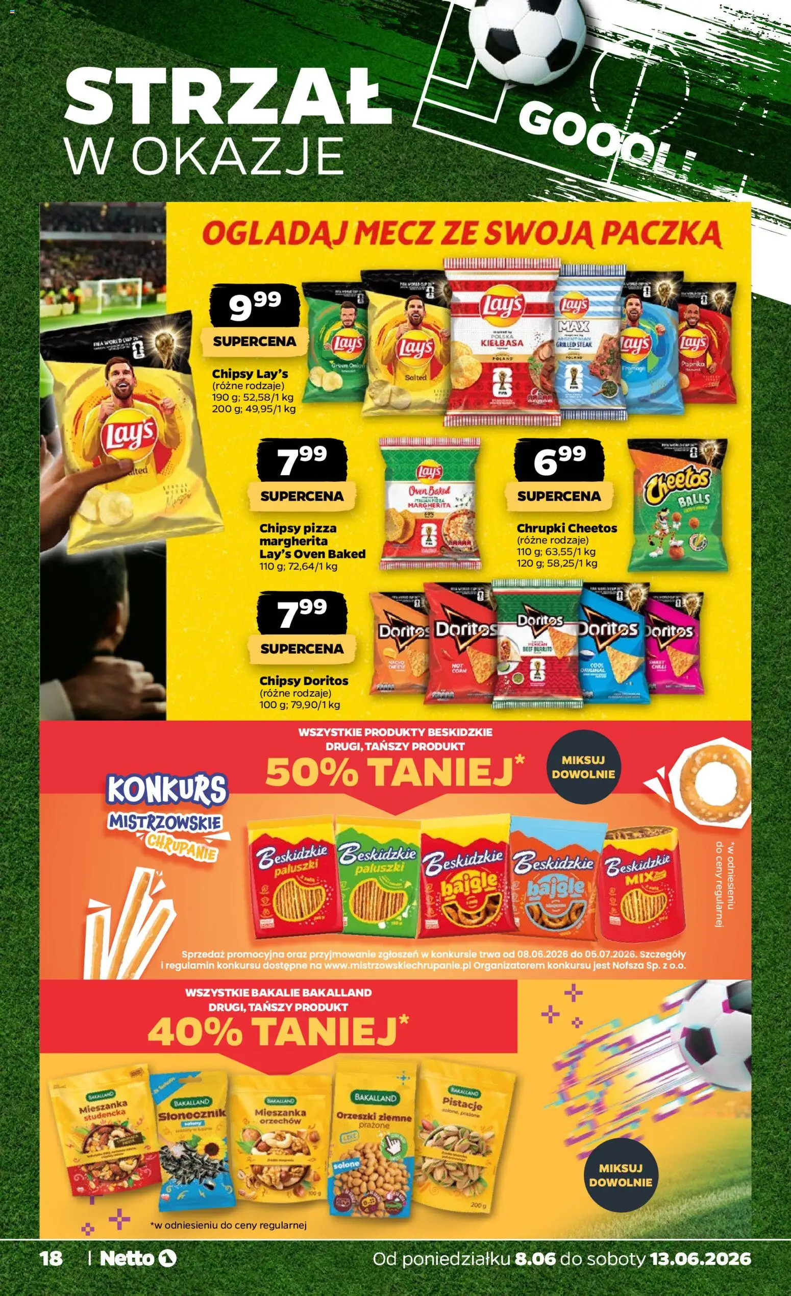 Netto gazetka od poniedziałku spożywcza od 08.06.2026 | Strona: 18 | Produkty: Chrupki, Doritos, Słonecznik, Orzeszki ziemne