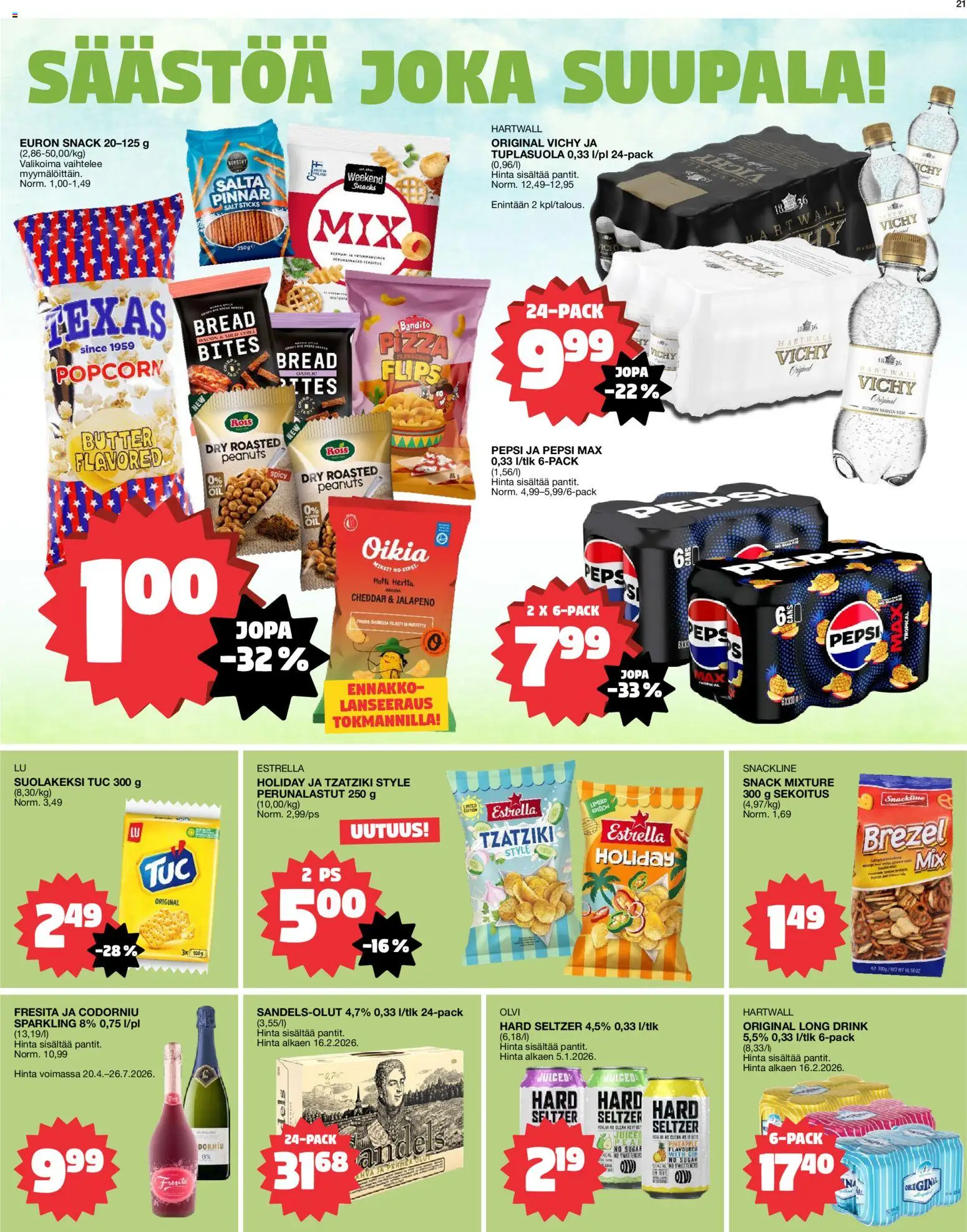 Tokmanni tarjoukset – voimassa 25.05.2026 alkaen | Sivu: 21 | Tuotteet: Tzatziki, Cheddar, Pepsi, Pizza