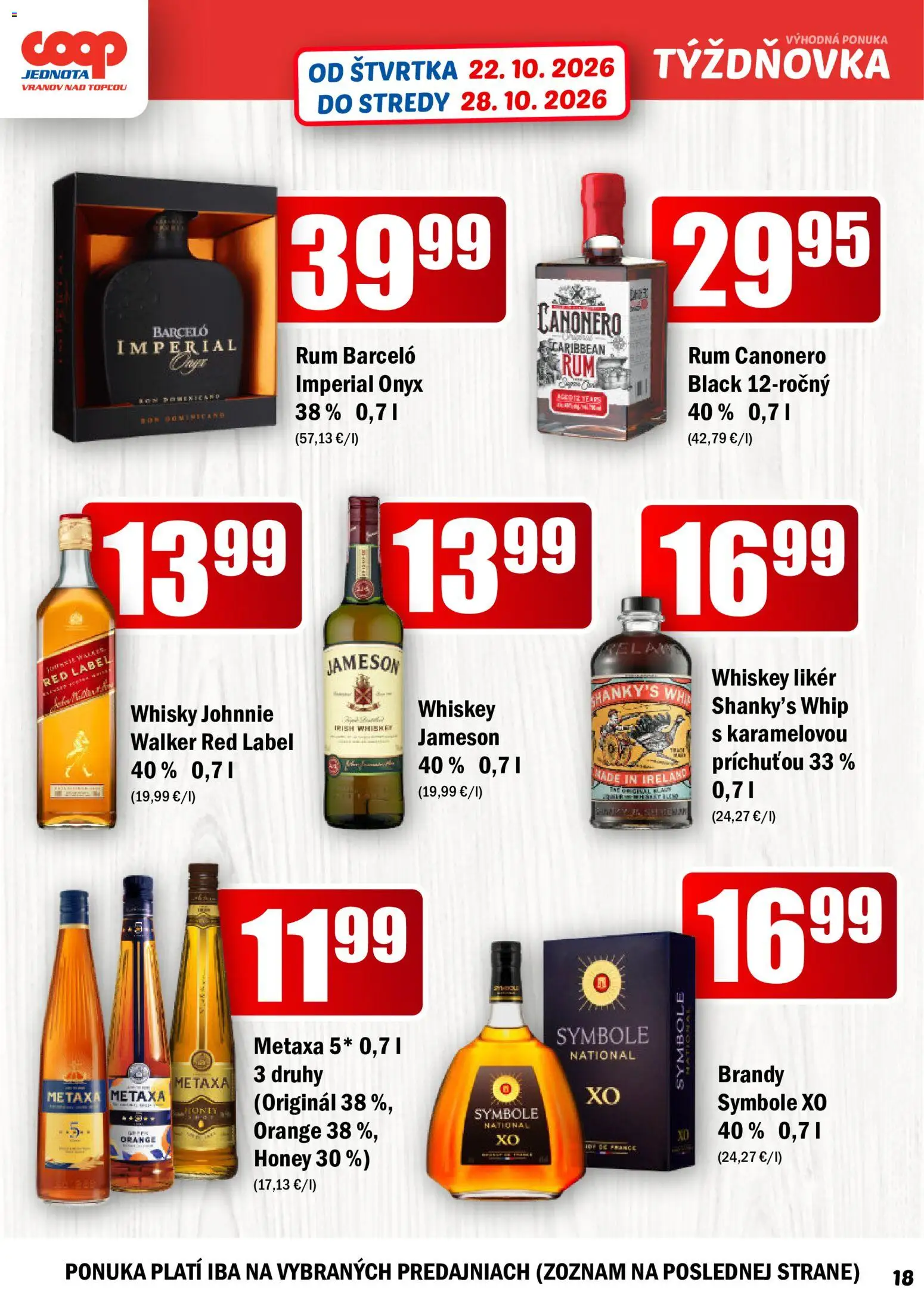 Nové COOP Jednota akcie – leták je platný od 22.10.2026 | Strana: 18 | Produkty: Metaxa, Barceló, Metaxa 5*, Rum