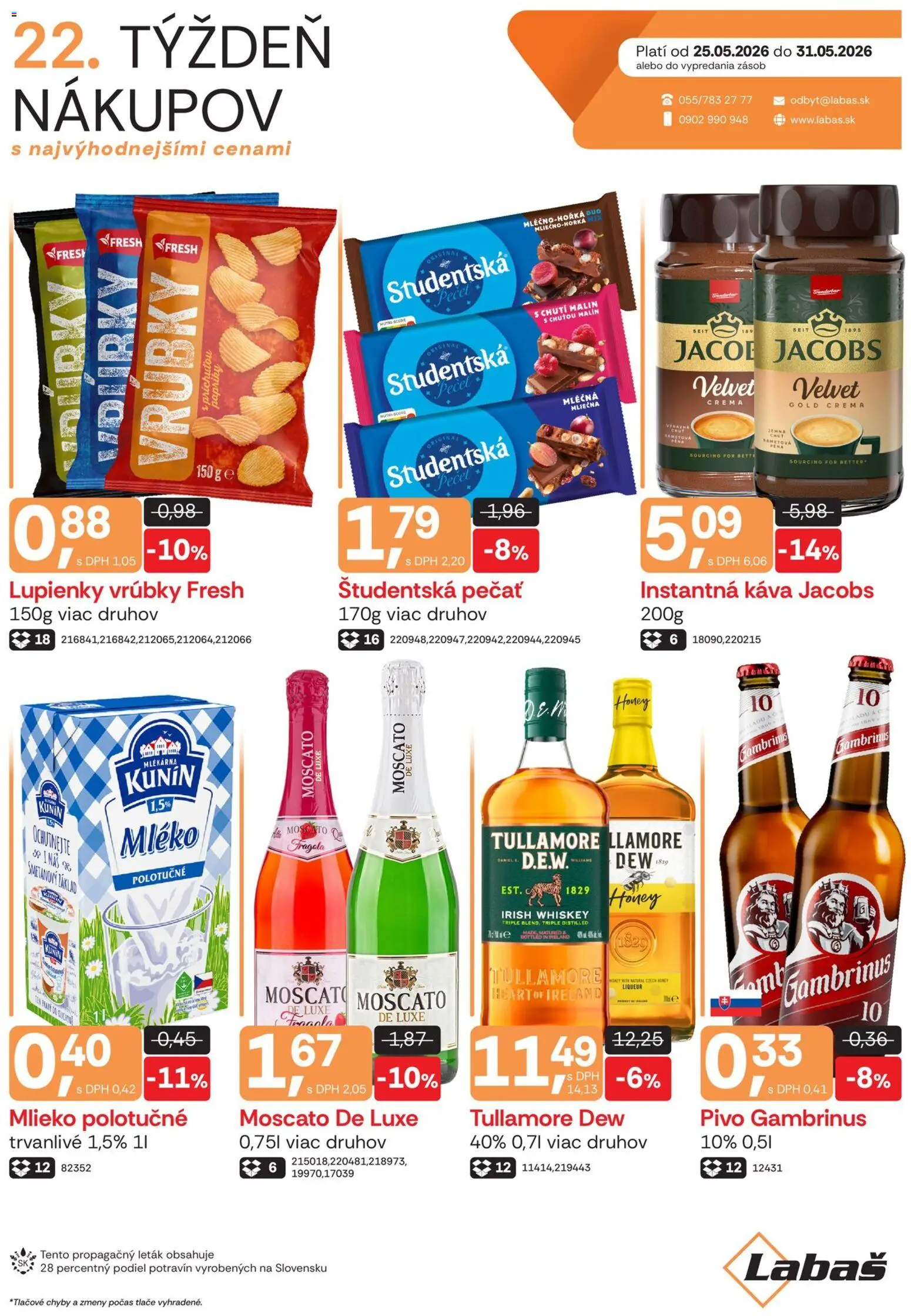 Nové Labaš akcie – leták je platný od 25.05.2026 | Strana: 1 | Produkty: Mlieko, Pivo, Káva, Študentská pečať
