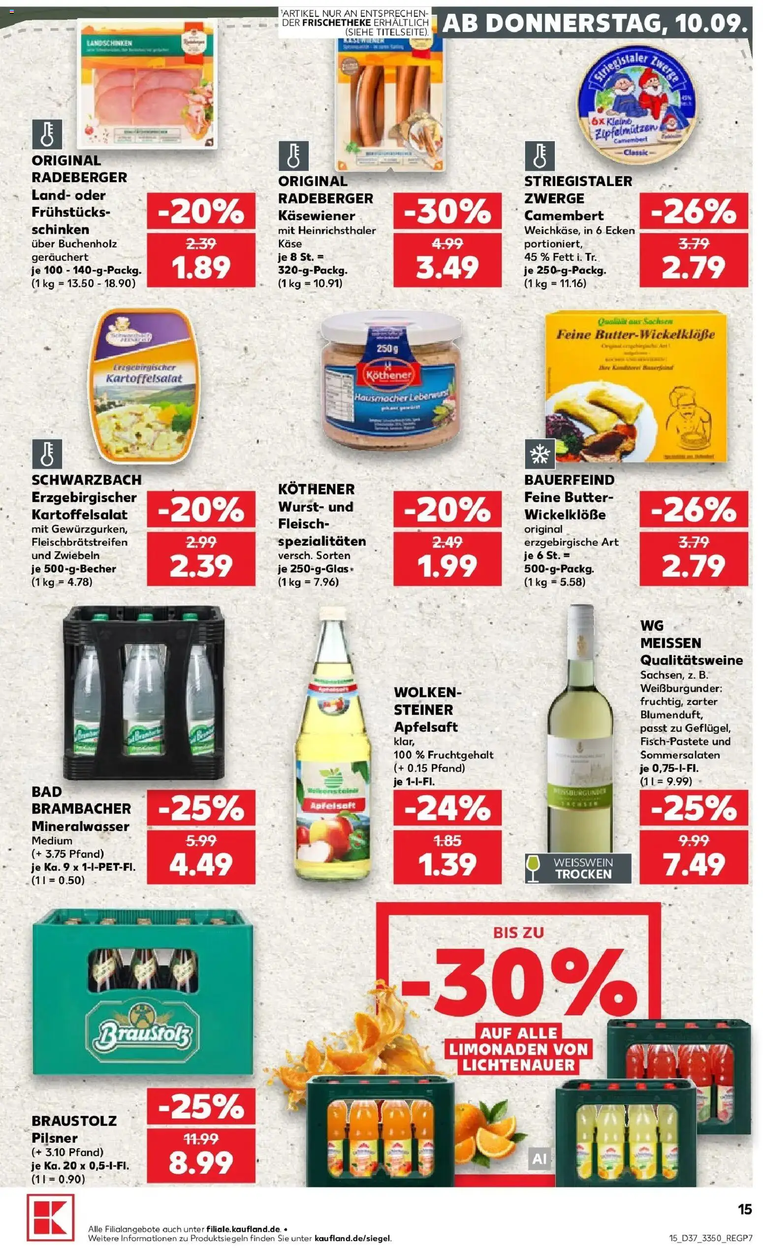 Prospekt Kaufland ab 10.09.2026 » Angebote Online zum Blättern | Seite: 15 | Produkte: Weißwein, Mineralwasser, Camembert, Fleisch