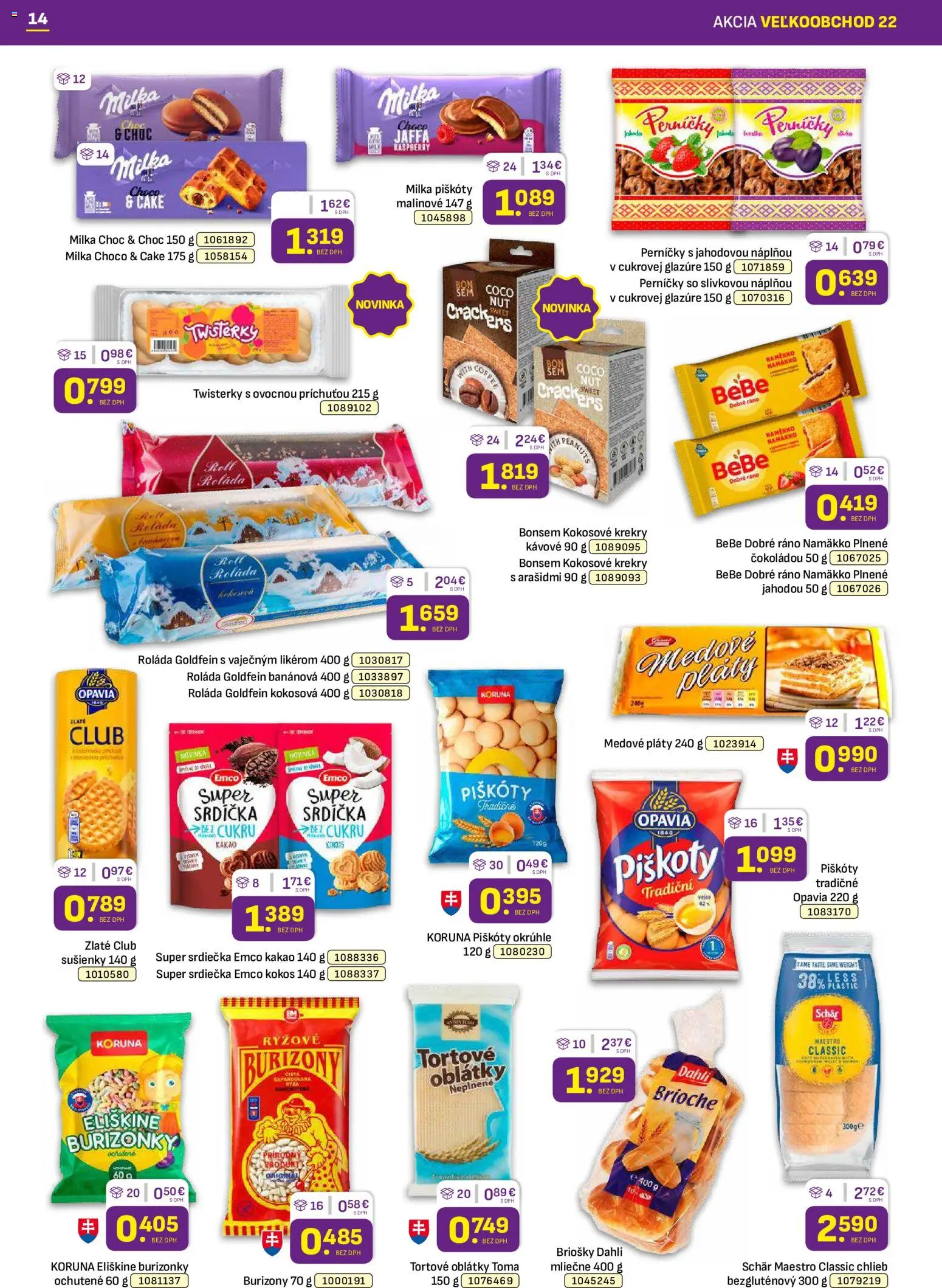 Nové Libex akcie – leták je platný od 02.11.2026 | Strana: 14 | Produkty: BeBe Dobré ráno, Chlieb, Krekry, Milka