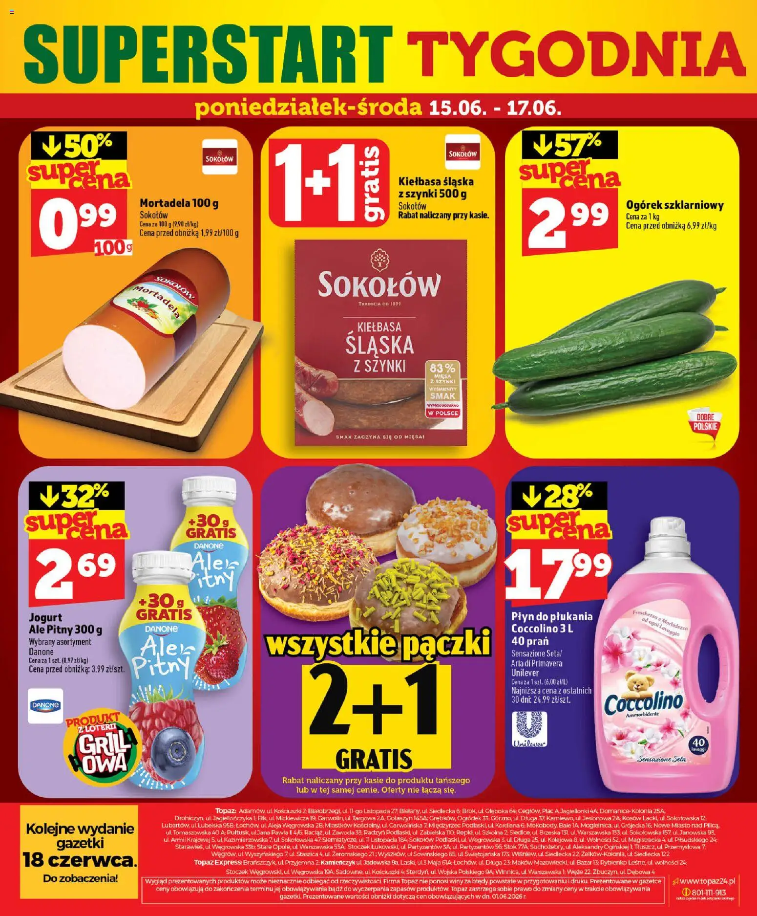 Topaz gazetka od 11.06.2026 | Strona: 62 | Produkty: Kiełbasa, Pączki, Kiełbasa śląska, Jogurt