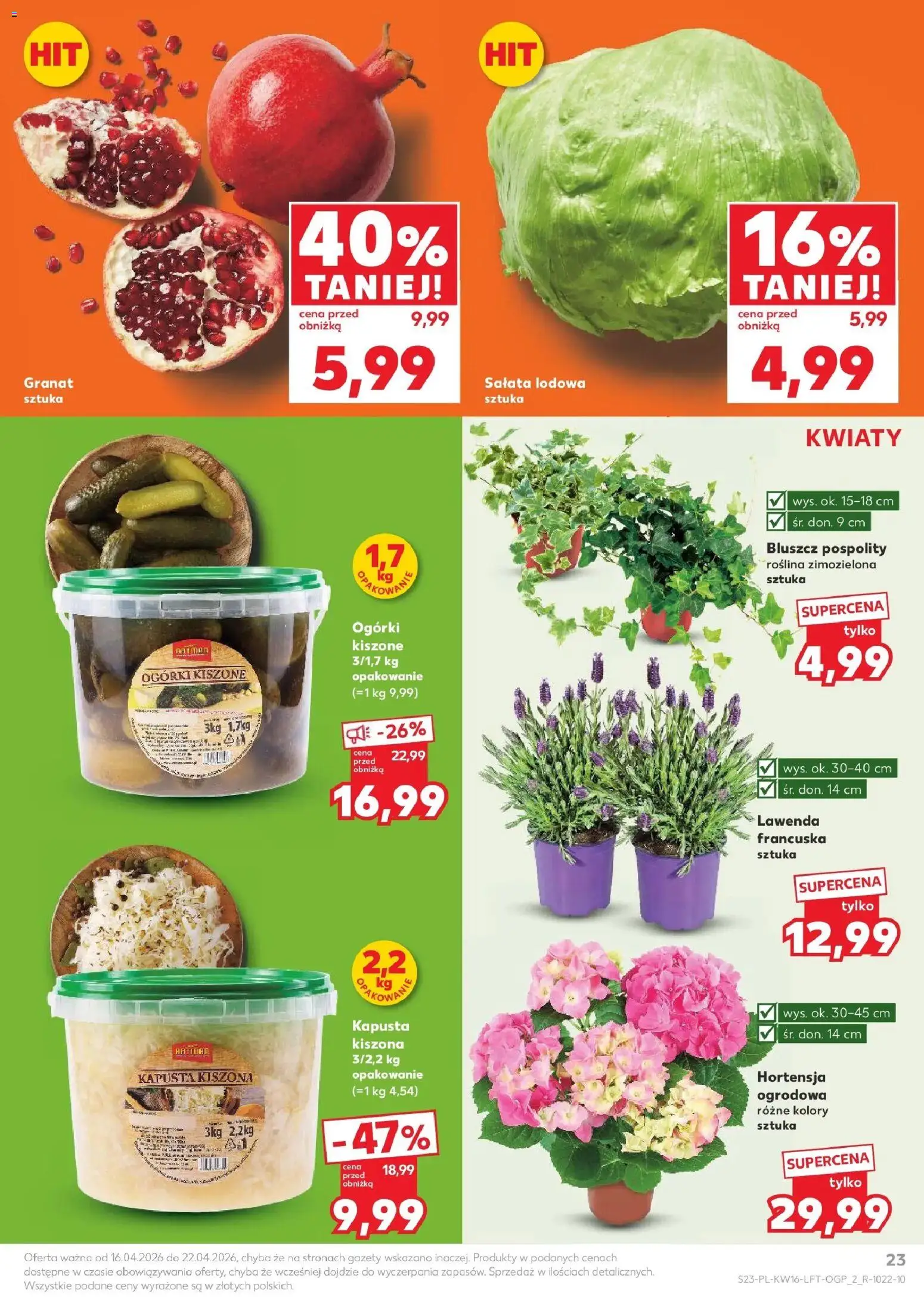 Kaufland gazetka od 16.04.2026 | Strona: 23 | Produkty: Kapusta, Kapusta kiszona, Ogórki, Kwiaty
