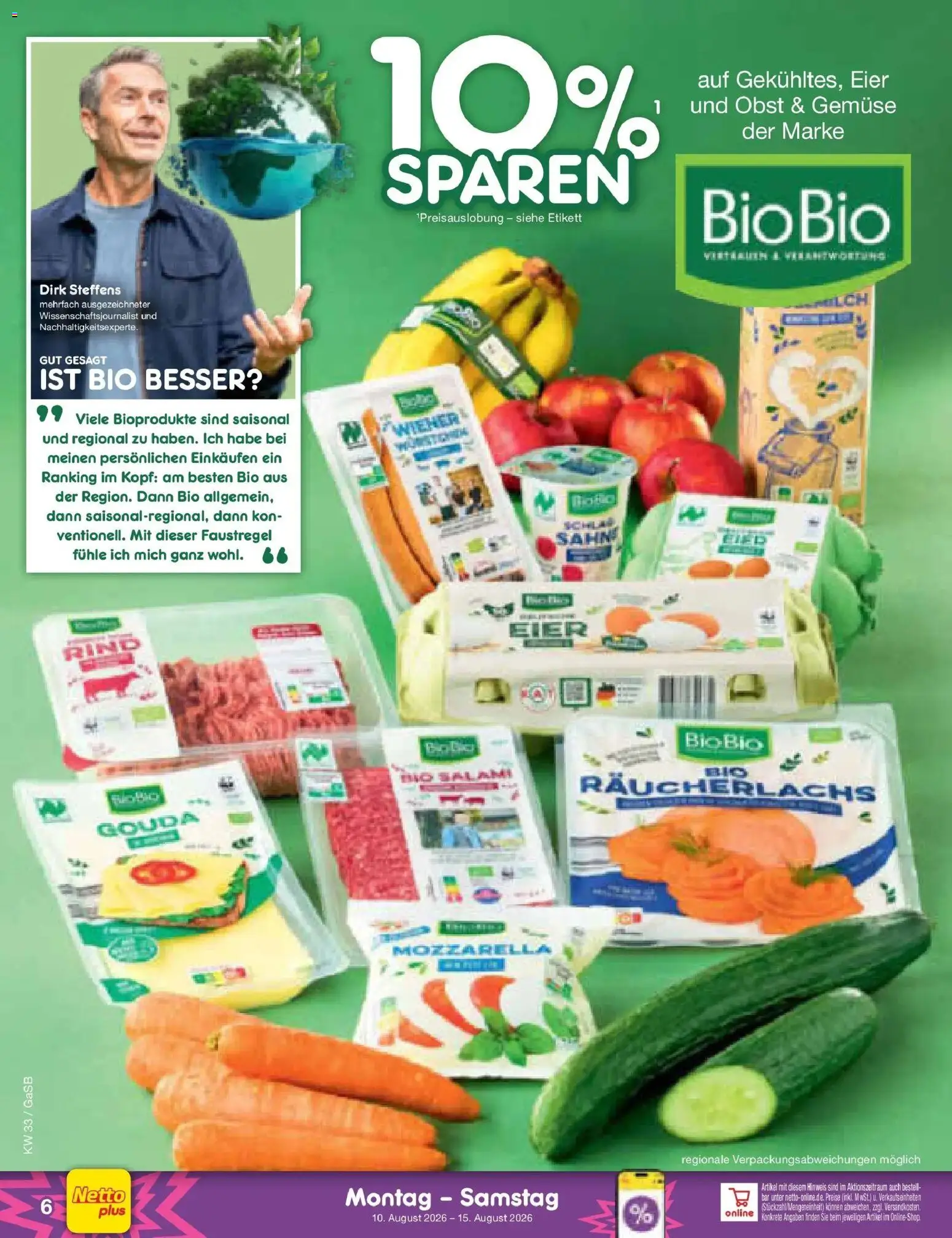 Netto Marken-Discount Prospekt – gültig ab 10.08.2026 | Seite: 6 | Produkte: Milch, Eier, Mozzarella, Gemüse