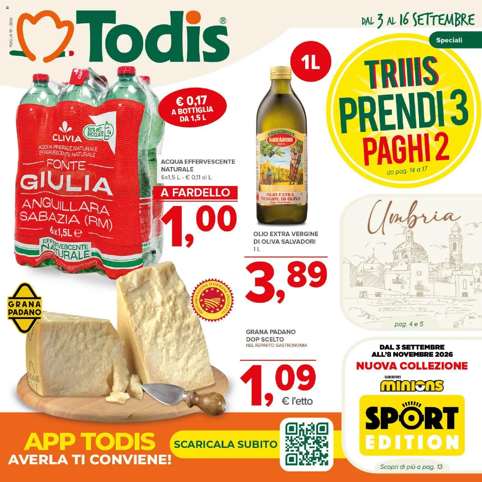 Volantino Todis del 03/09/2026 | Pagina: 1 | Prodotti: Acqua, Olio, Olio extra vergine, Bottiglia