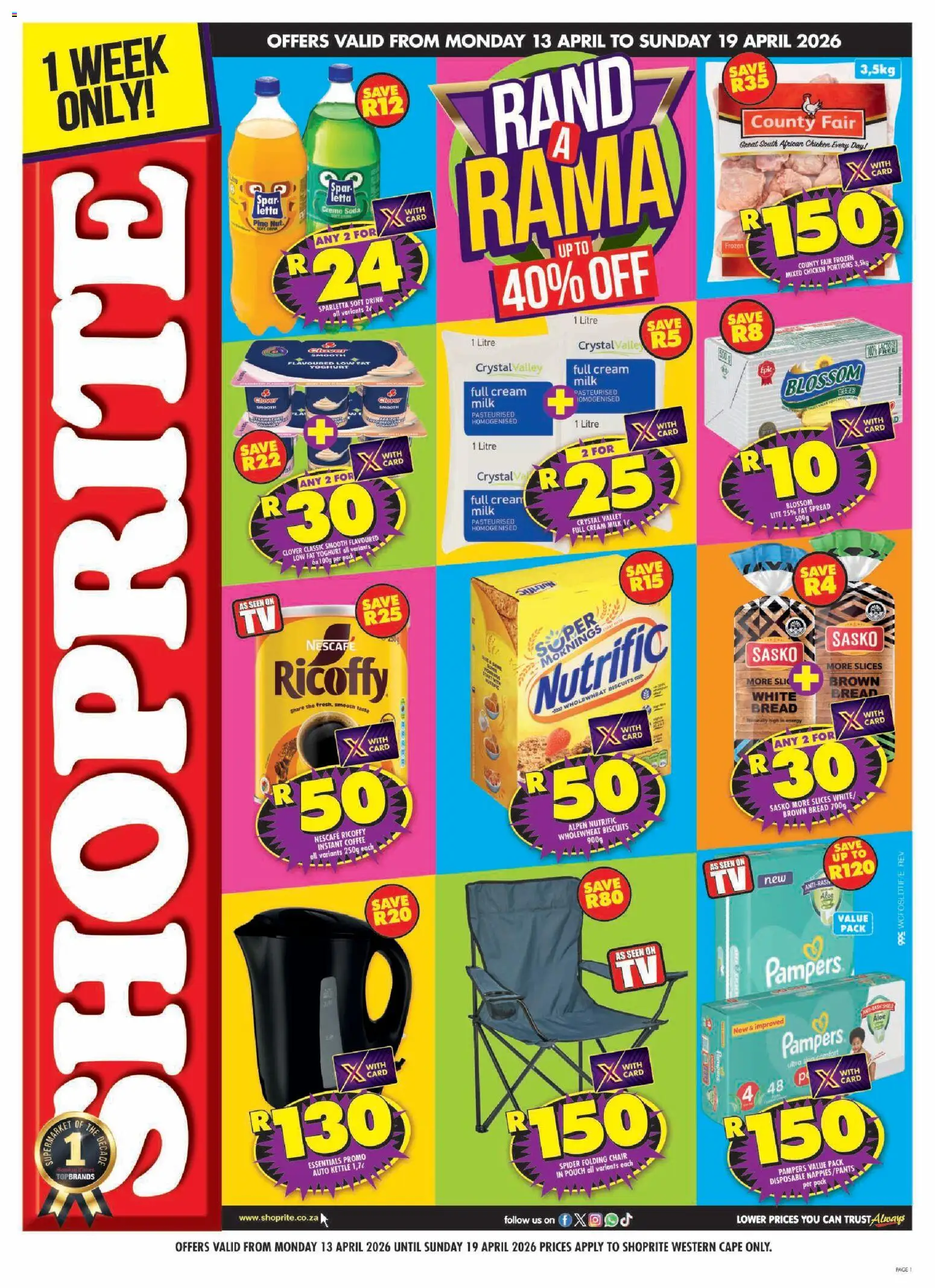 New Shoprite catalogue – valid from 13.04.2026 | Page: 1 | Products: Bread, Chicken, Fat spread, Nappies