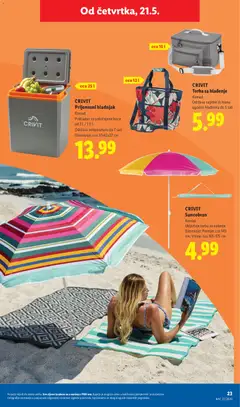 CRIVIT Suncobran, Komad. Uključuje torbu za nošenje. Dimenzije: Promjer cca 140 cm; Visina: cca 165-175 cm - Pregled kataloga iz trgovine Lidl, vrijedi od 18.05.2026 | Stranica: 23 | Proizvodi: Suncobran, Torba, Hladnjak