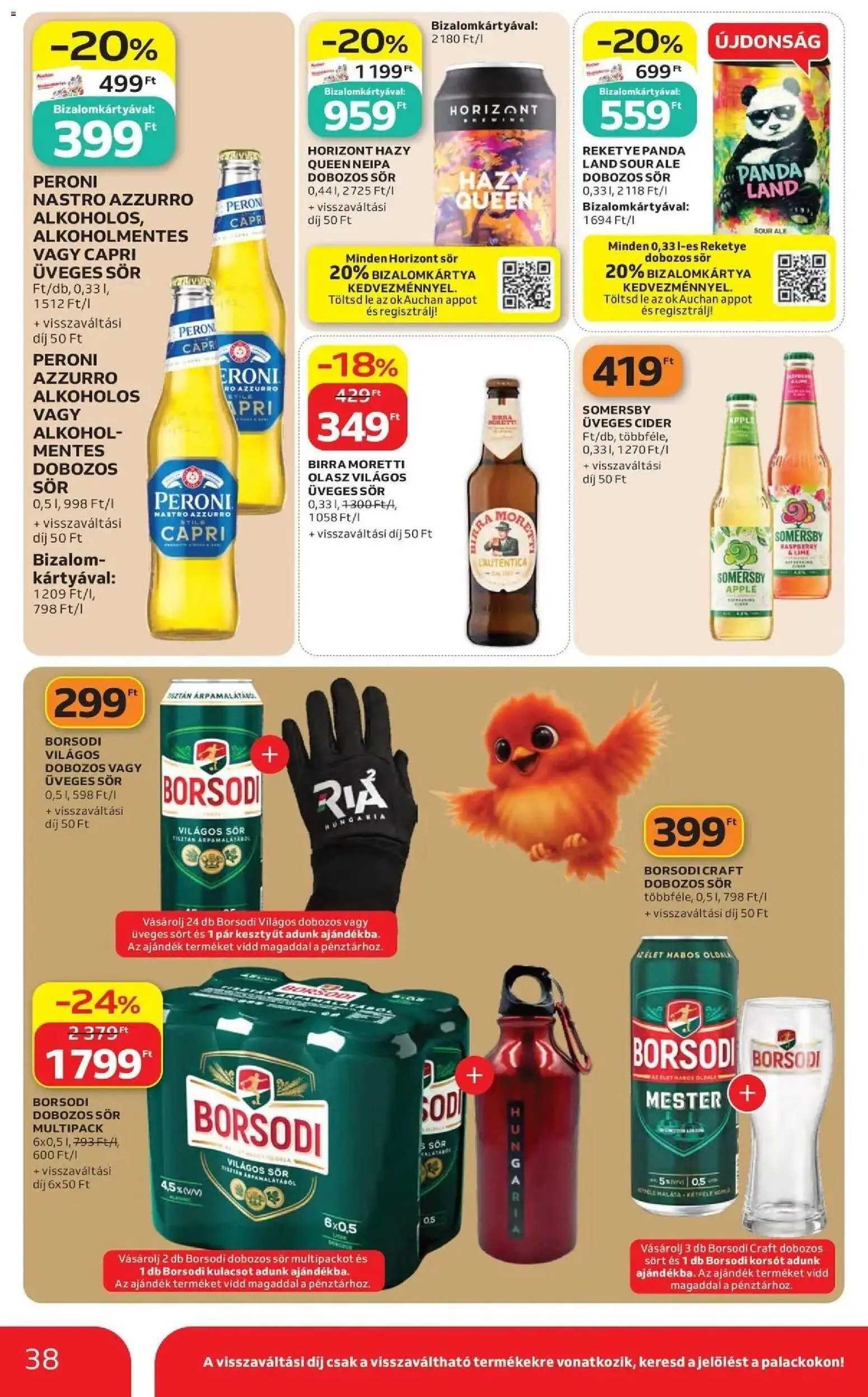Auchan akciós újság Szolnok - 2026.10.01. -tól/töl > akció, lapozható szórólap 🛍️ | Oldal: 38 | Termékek: Alkohol, Peroni, Világos sör, Borsodi