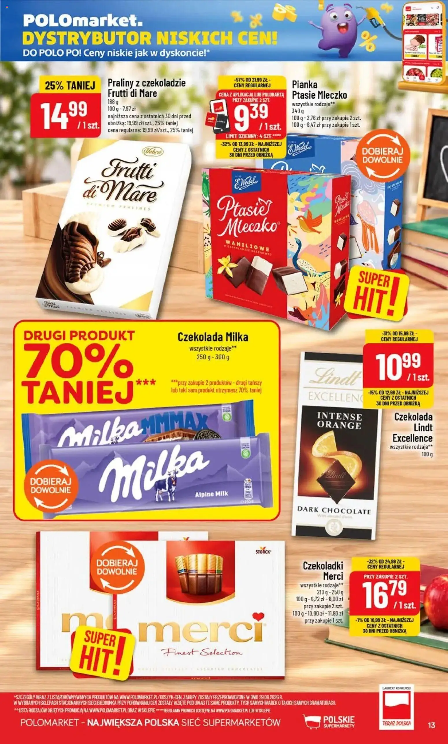 Nowa POLOmarket gazetka od jutra 07.10.2026 | Strona: 13 | Produkty: Lindt, Ptasie mleczko, Czekolada, Frutti di Mare