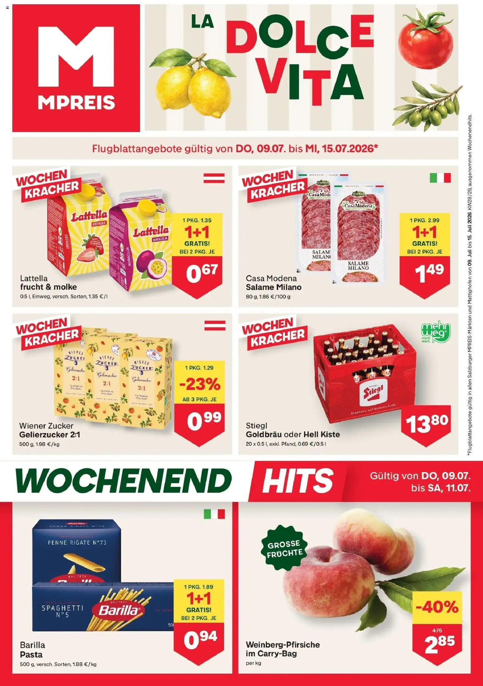 MPREIS Saalbach gültig ab 09.07.2026 | Seite: 1 | Produkte: Pasta, Zucker, Hajdina liszt, Salami