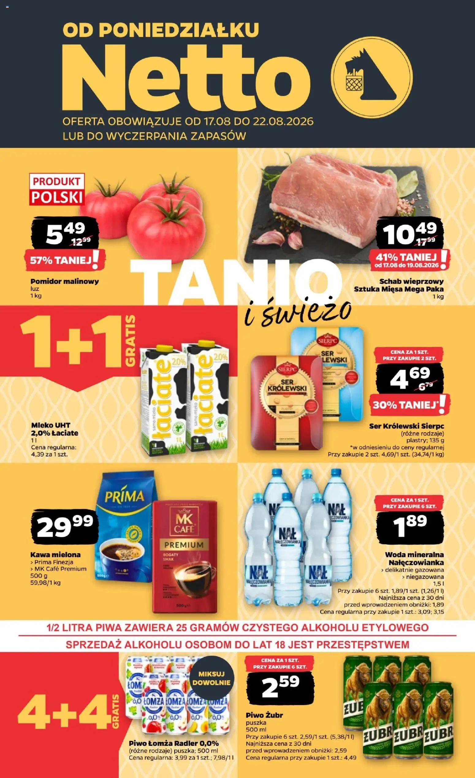 Netto gazetka od poniedziałku od 17.08.2026 | Strona: 1 | Produkty: Schab wieprzowy, Radler, Ser, Woda