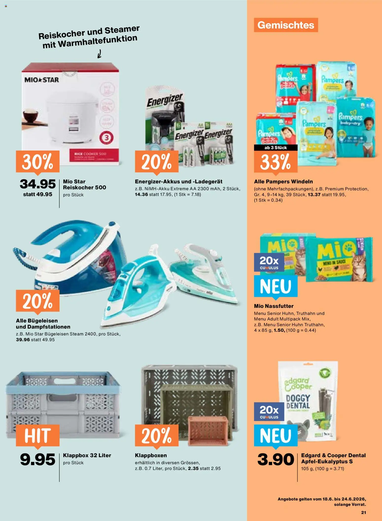 Migros aktionen – gültig ab 18.06.2026 | Seite: 21 | Produkte: Box, Bügeleisen, Ladegerät, Pampers