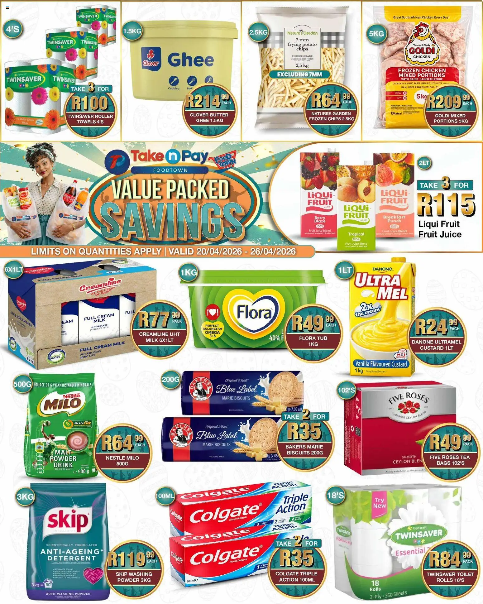 New Take n Pay catalogue – valid from 20.04.2026 | Page: 1 | Products: Vitamins, Butter, Chicken, Tea