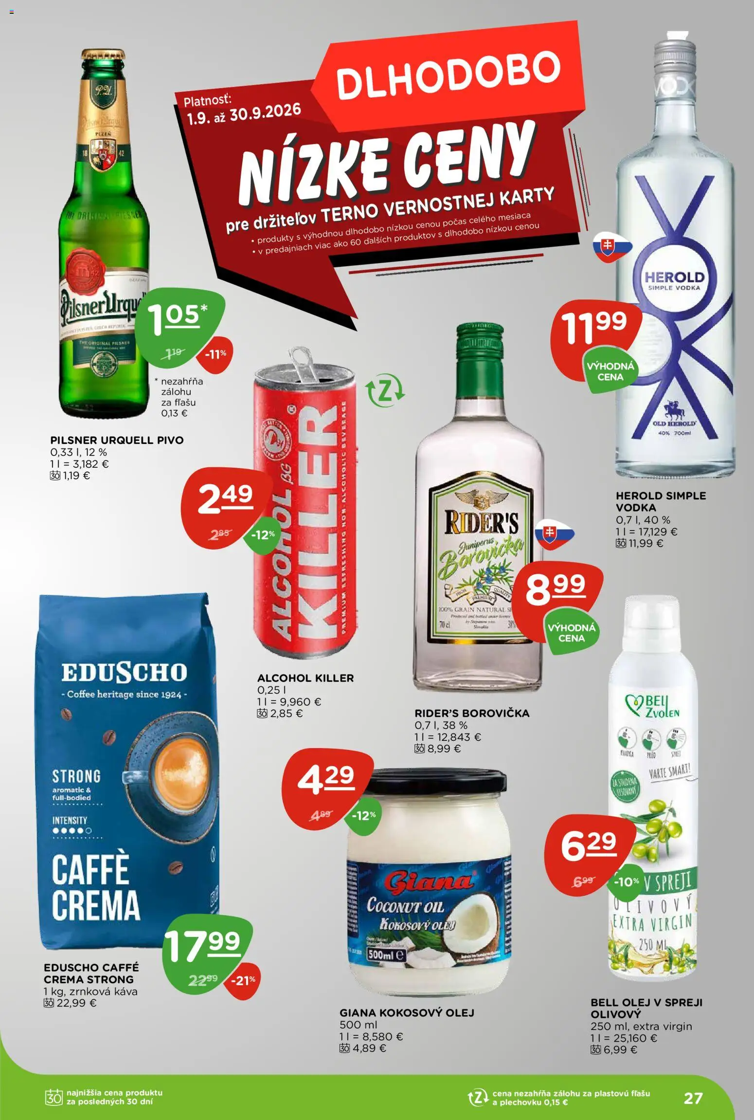 Nové Terno akcie – leták je platný od 03.09.2026 | Strana: 27 | Produkty: Kokosový olej, Pivo, Pilsner Urquell, Olej