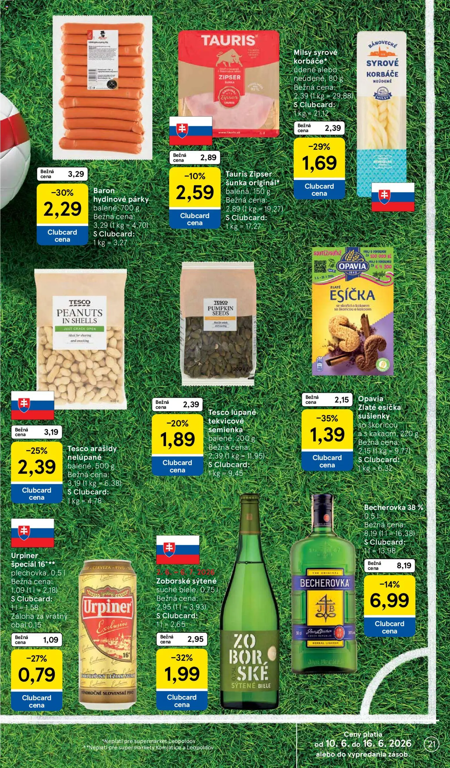 Nové Tesco akcie – leták je platný od 10.06.2026 | Strana: 21 | Produkty: Becherovka, Šunka, Arašidy, Urpiner