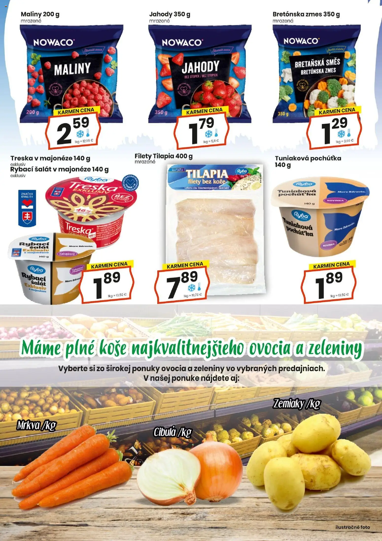 Nové KARMEN CBA akcie – leták je platný od 16.04.2026 | Strana: 8 | Produkty: Jahody, Mrkva, Zemiaky, Treska