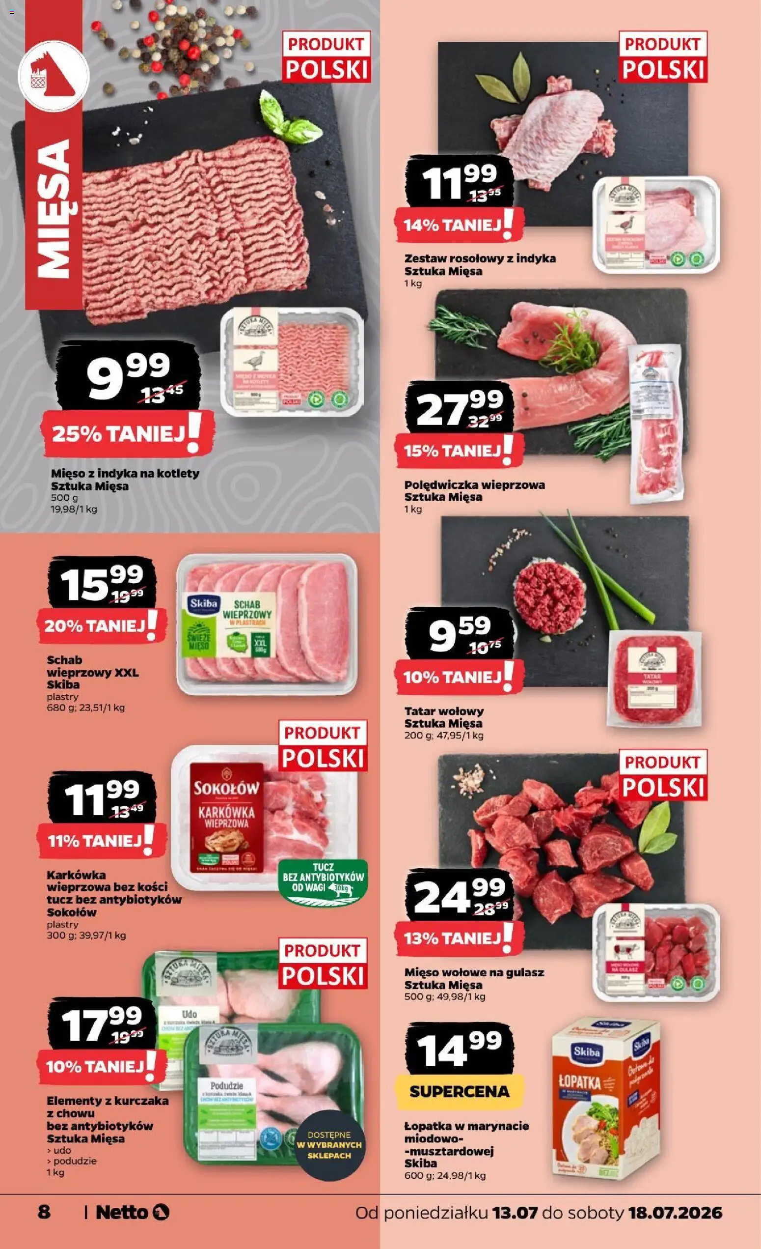 Netto gazetka od poniedziałku od 13.07.2026 | Strona: 8 | Produkty: Karkówka, Schab, Schab wieprzowy, Polędwiczka wieprzowa