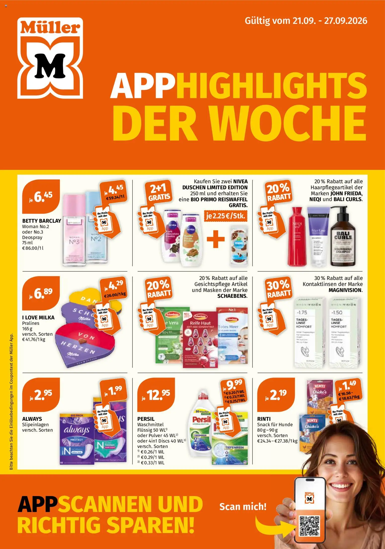Müller Prospekt – gültig ab 21.09.2026 | Seite: 1 | Produkte: Shampoo, Milka, Waschmittel, Persil